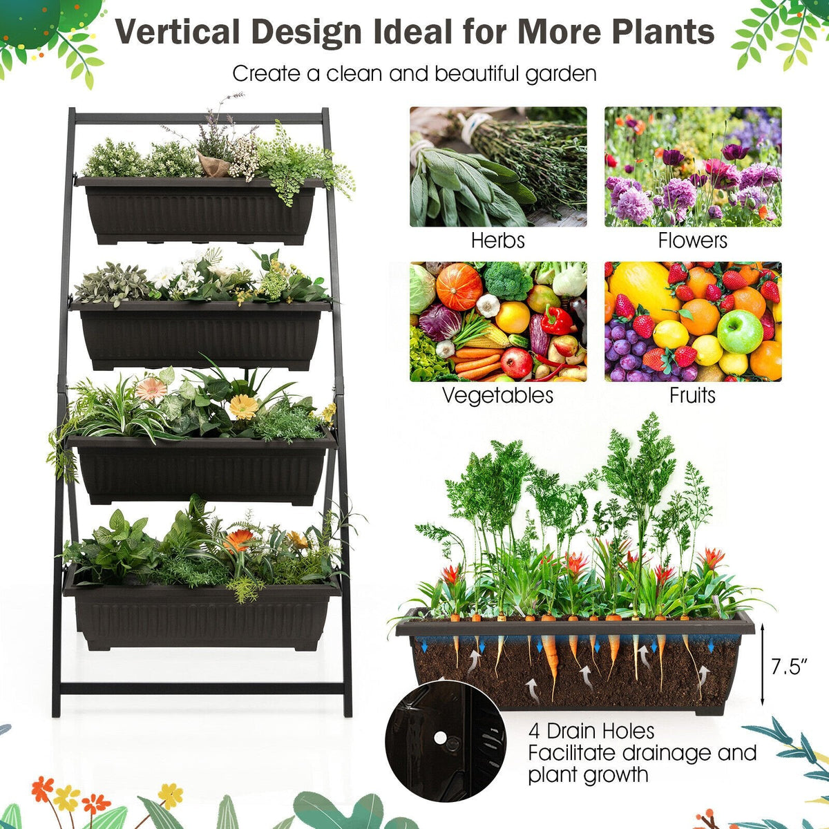 4 Tier Vertical Raised Garden Bed, 63 Inch Elevated Planter with 4 Containers and Drain Holes