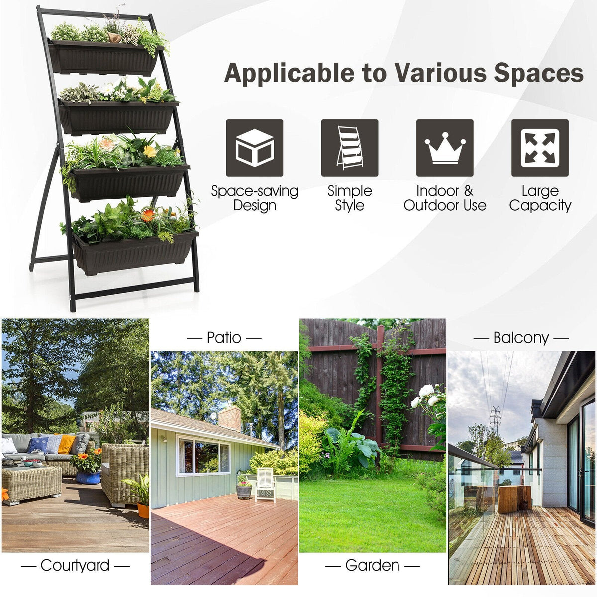 4 Tier Vertical Raised Garden Bed, 63 Inch Elevated Planter with 4 Containers and Drain Holes