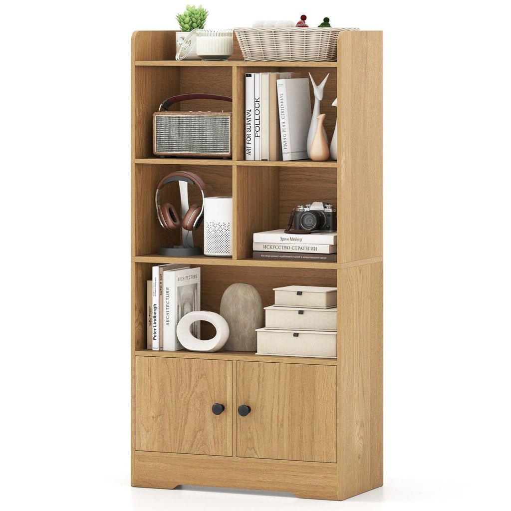 4 Tiers Bookshelf with 4 Cubes Display Shelf and 2 Doors-Natural