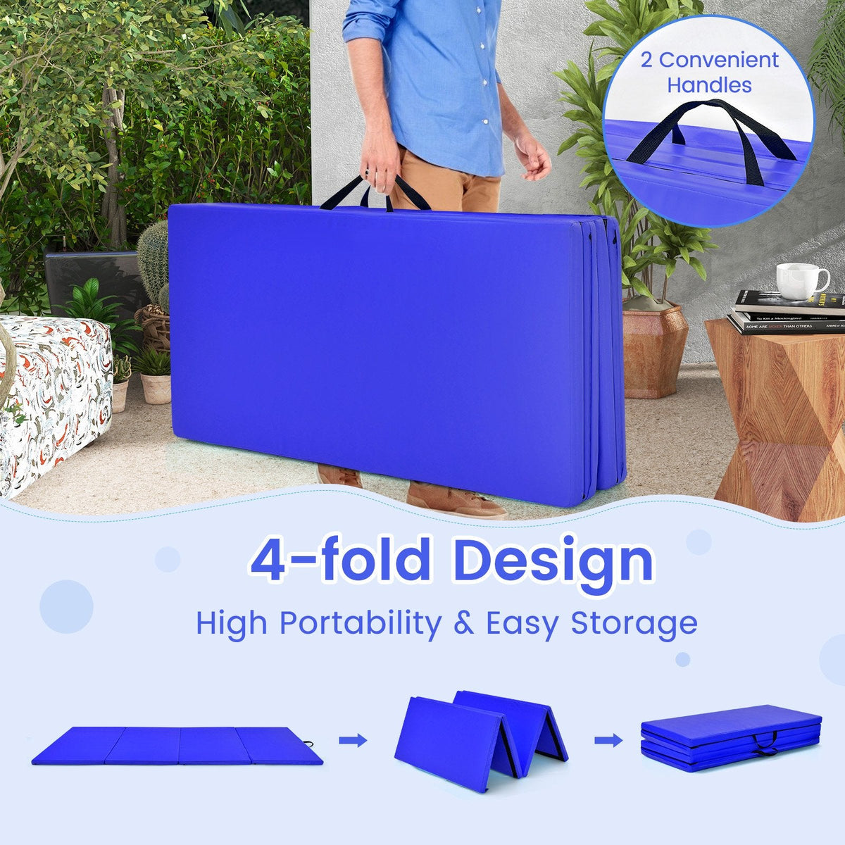4-Panel Folding Gymnastics Mat with Carrying Handles for Home Gym-Navy