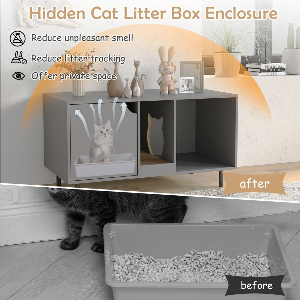 40 Inch Cat Litter Box Enclosure for 2 Cats Hidden Cat Washroom-Gray