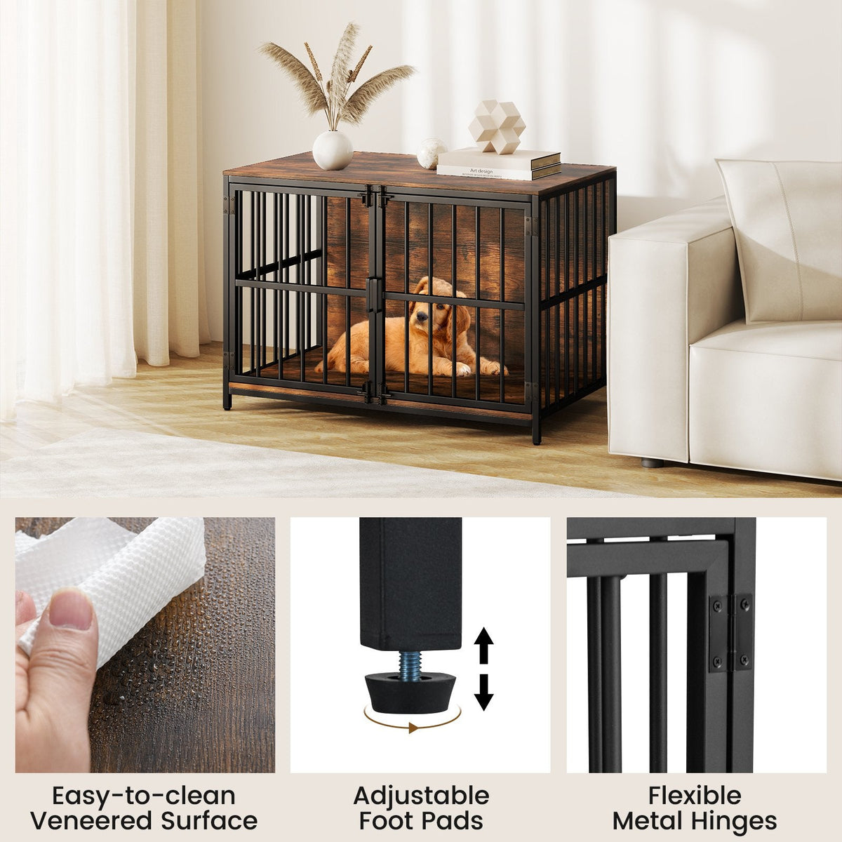 40 Inch Dog Crate Furniture Dog Kennel with Dual Lockable Double Doors-Rustic Brown
