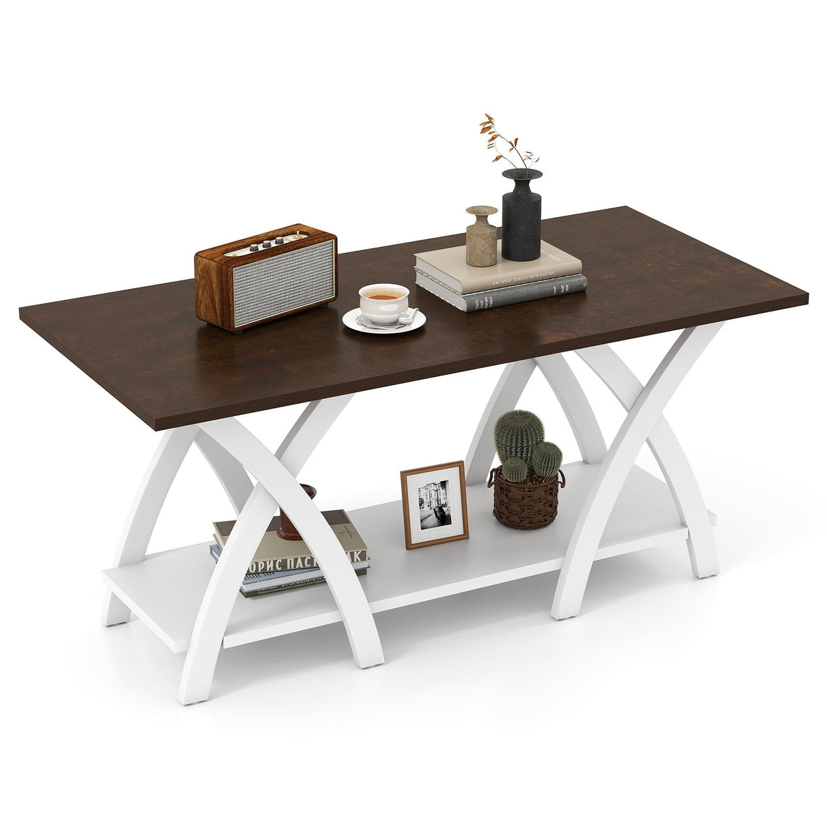 40 Inch Farmhouse Wooden 2-Tier Coffee Table with Storage Shelf for Living Room-Walnut