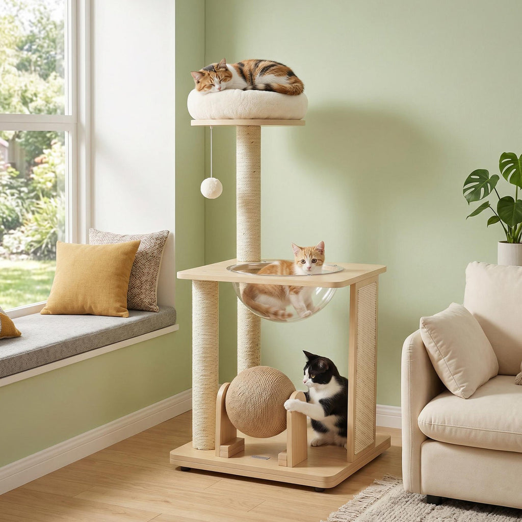 40 Inch Solid Rubber Wood Cat Tree with Space Capsule, Rotating Sisal Ball and Scratching Board, Natural
