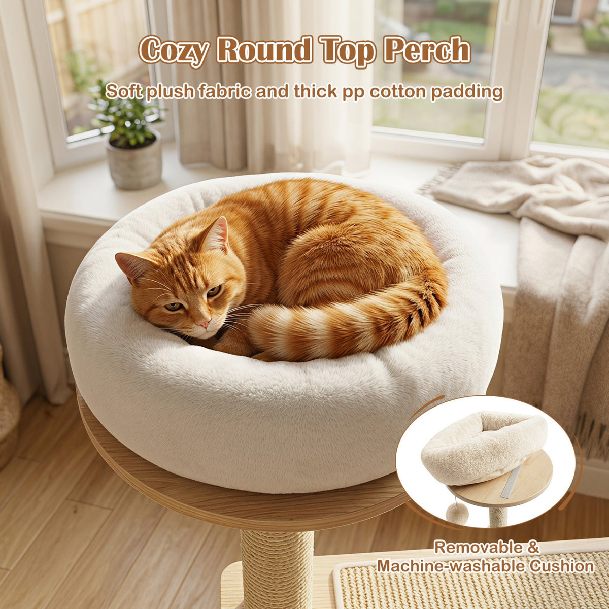 40 Inch Solid Rubber Wood Cat Tree with Space Capsule, Rotating Sisal Ball and Scratching Board, Natural
