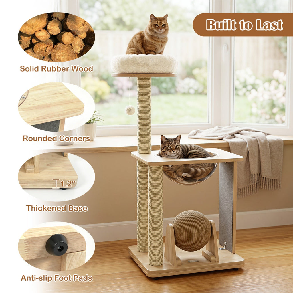 40 Inch Solid Rubber Wood Cat Tree with Space Capsule, Rotating Sisal Ball and Scratching Board, Natural