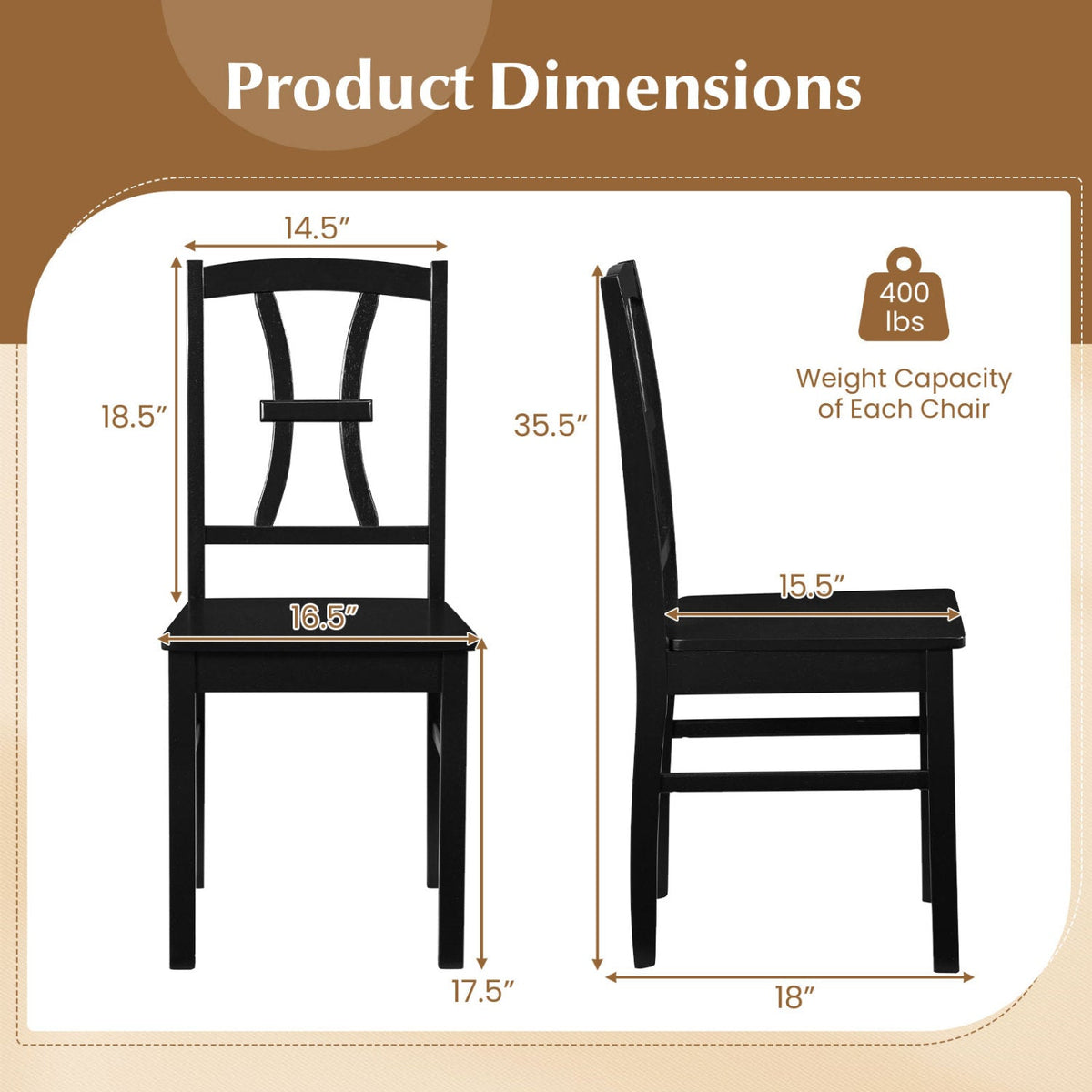 Set of 4 Black Cross Back Dining Chairs, Solid Rubber Wood, 17.5 Inch Seat, 400 lb Each