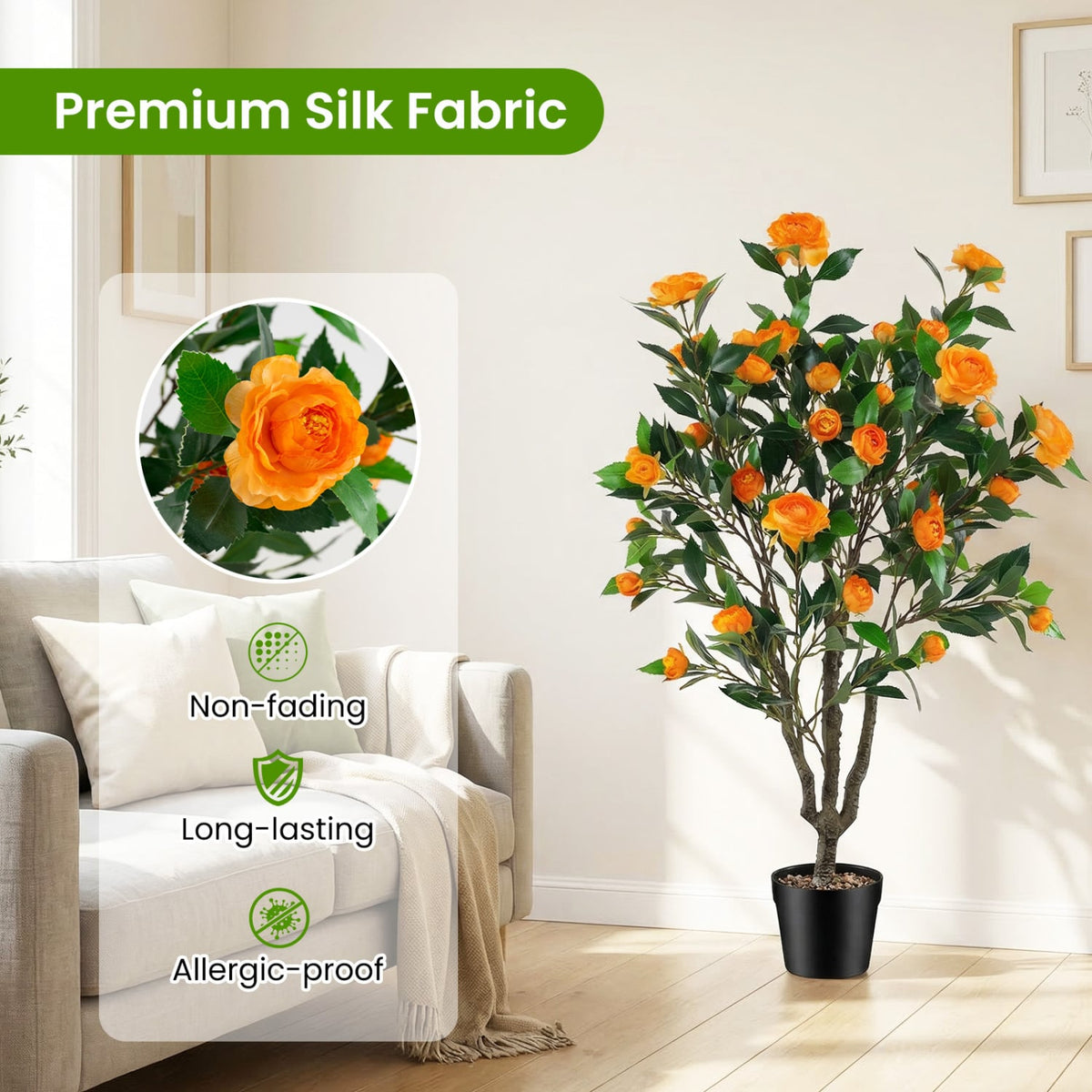 40 Inch Artificial Camellia Tree with 37 Flowers and River Stones in Pot-1 Pack