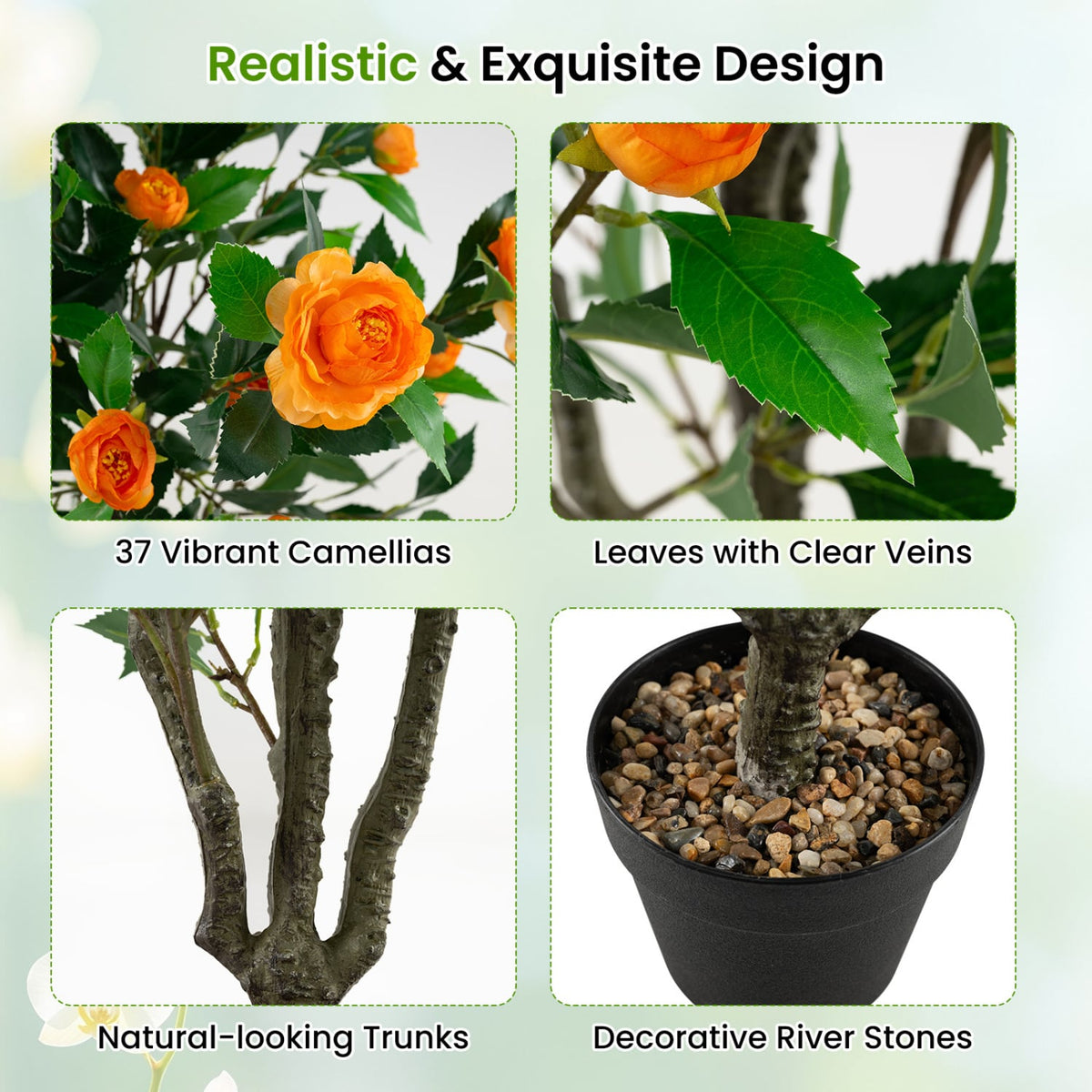 40 Inch Artificial Camellia Tree with 37 Flowers and River Stones in Pot-1 Pack