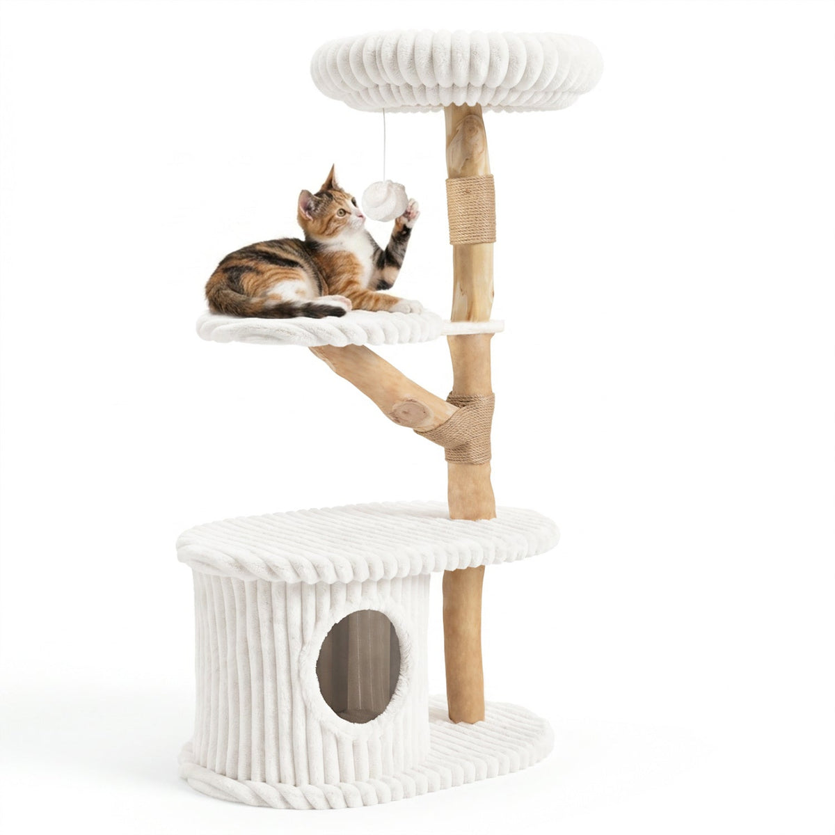 41 Inch Cat Tower with Real Pear Wood Branches, Jute Posts and Fluted Condo, Beige