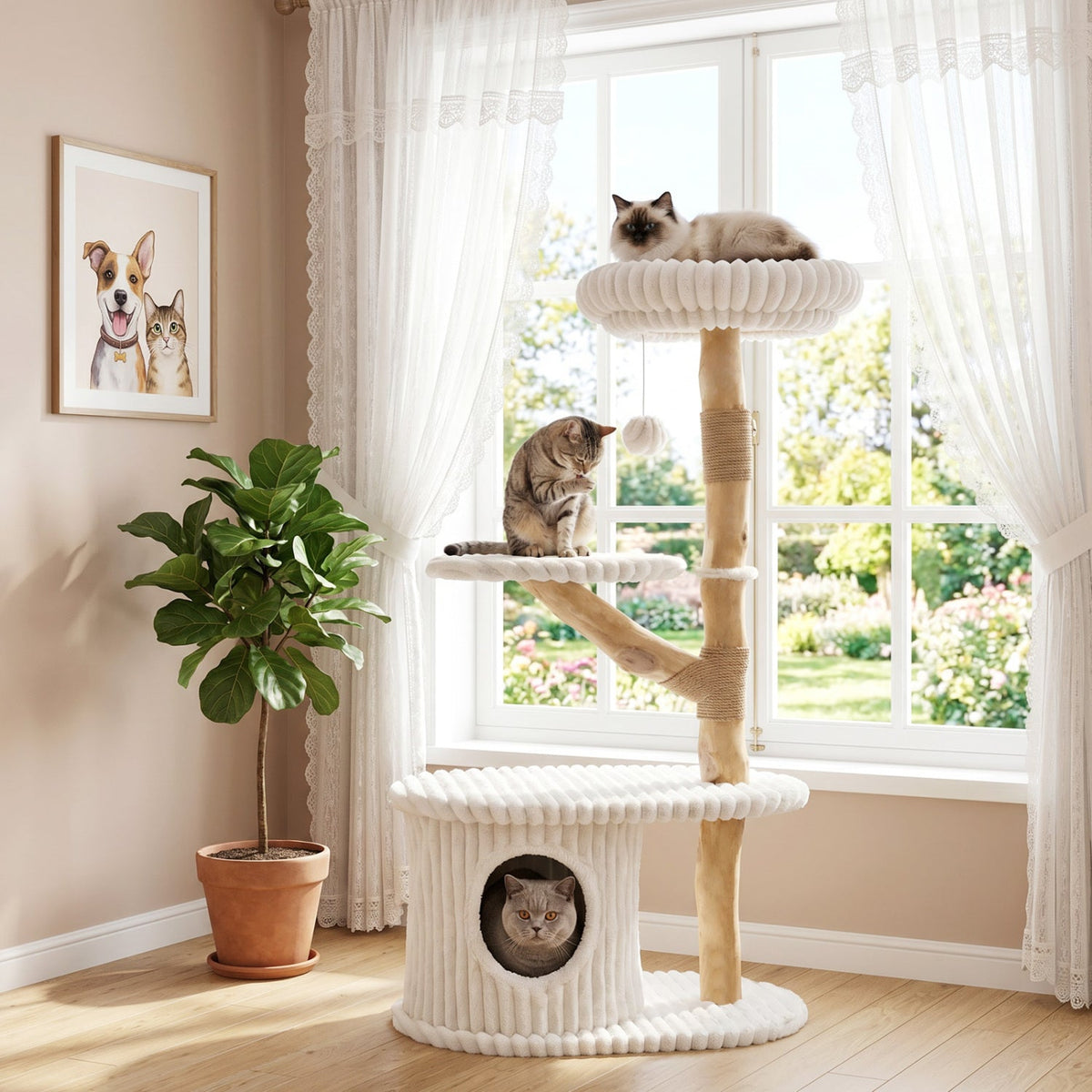 41 Inch Cat Tower with Real Pear Wood Branches, Jute Posts and Fluted Condo, Beige