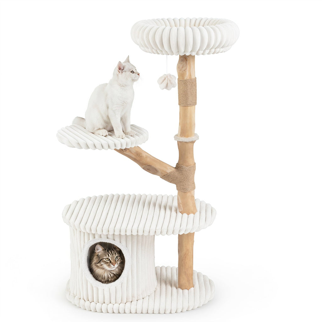 41 Inch Cat Tower with Real Pear Wood Branches, Jute Posts and Fluted Condo, Beige