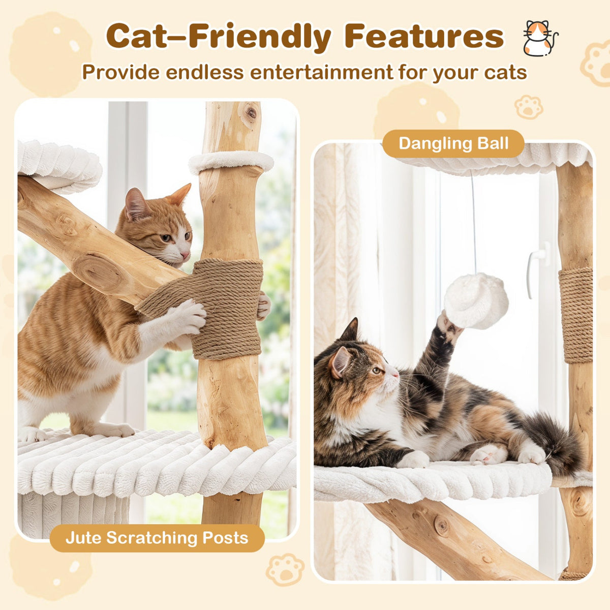 41 Inch Cat Tower with Real Pear Wood Branches, Jute Posts and Fluted Condo, Beige