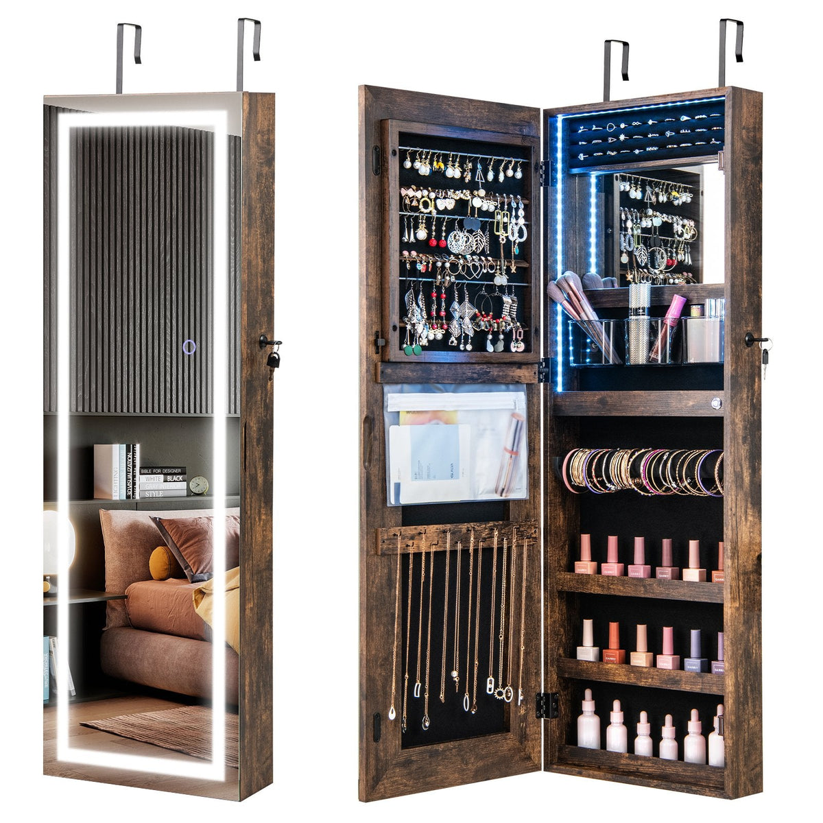 42.5 Inches Lockable Jewelry Mirror Wall Cabinet with 3-Color LED Lights-Rustic Brown