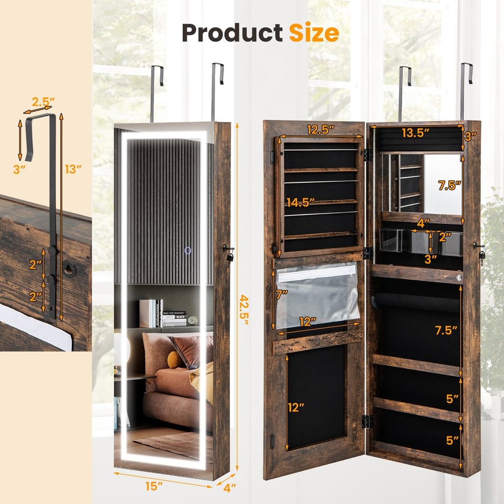 42.5 Inches Lockable Jewelry Mirror Wall Cabinet with 3-Color LED Lights-Rustic Brown