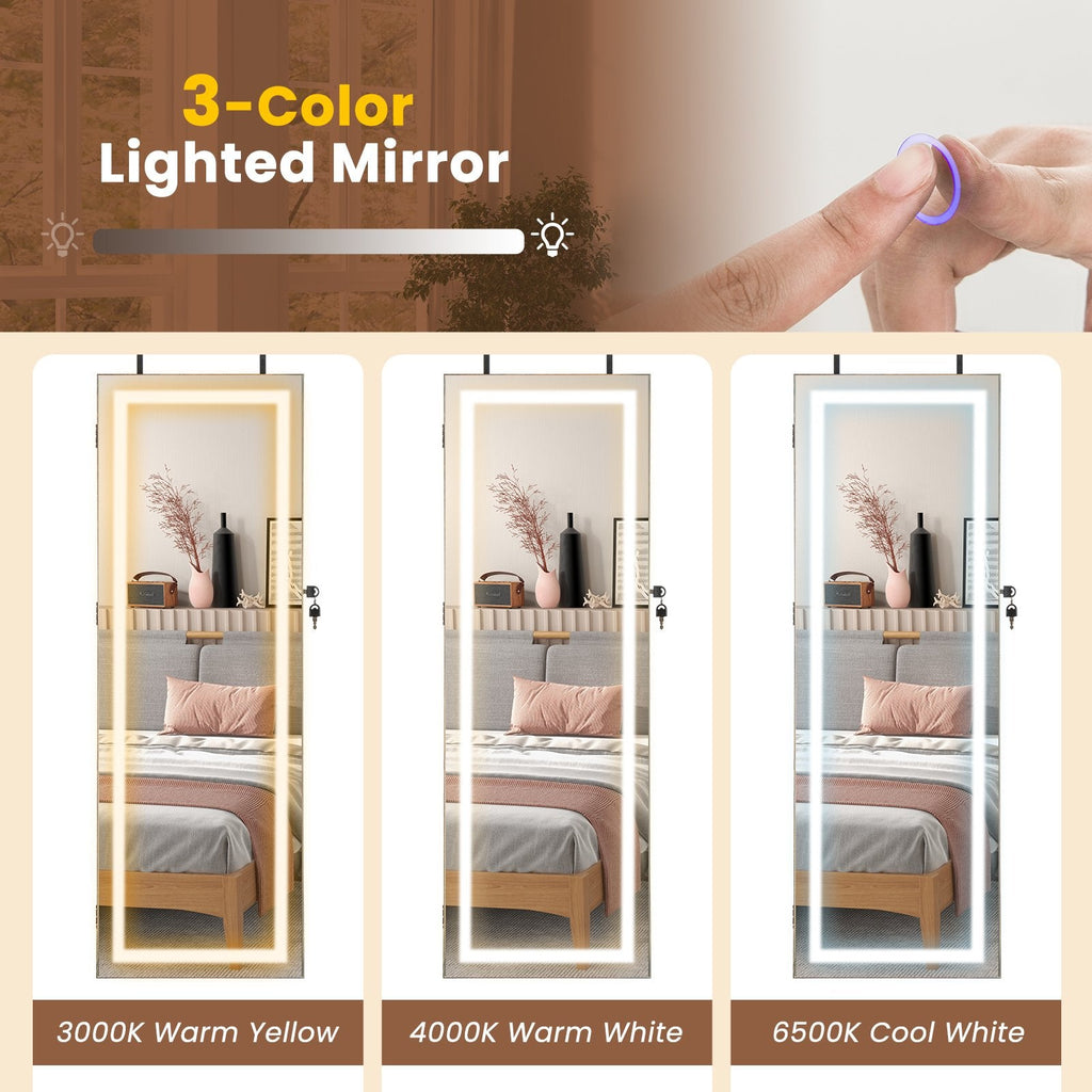42.5 Inches Lockable Jewelry Mirror Wall Cabinet with 3-Color LED Lights-Rustic Brown