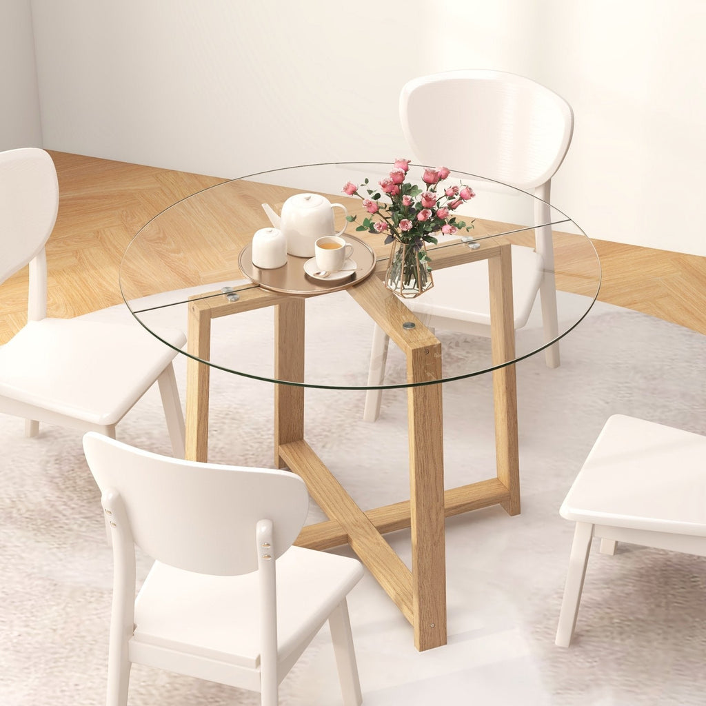 42 Inches Round Glass Dining Table with Tempered Glass Tabletop and Rubber Wood Legs-Natural
