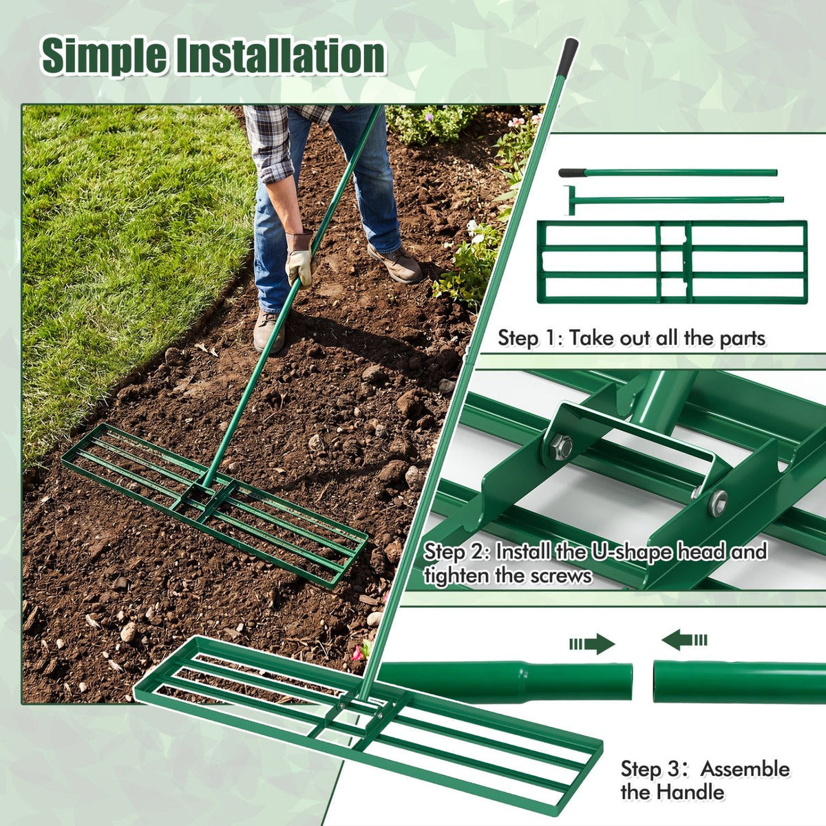 42 x 10 Inch Lawn Leveling Rake with Ergonomic Handle-Green