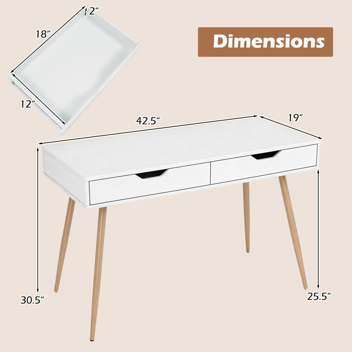 43.5 Inch Computer Desk with 2 Drawers for Small Spaces-White