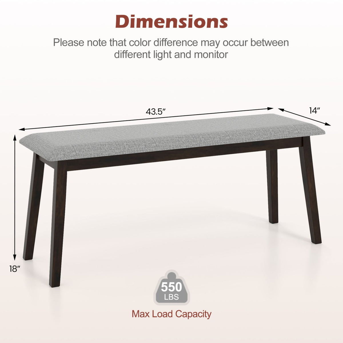 43.5 Inch Upholstered Entryway Bench with Rubber Wood Frame-Gray