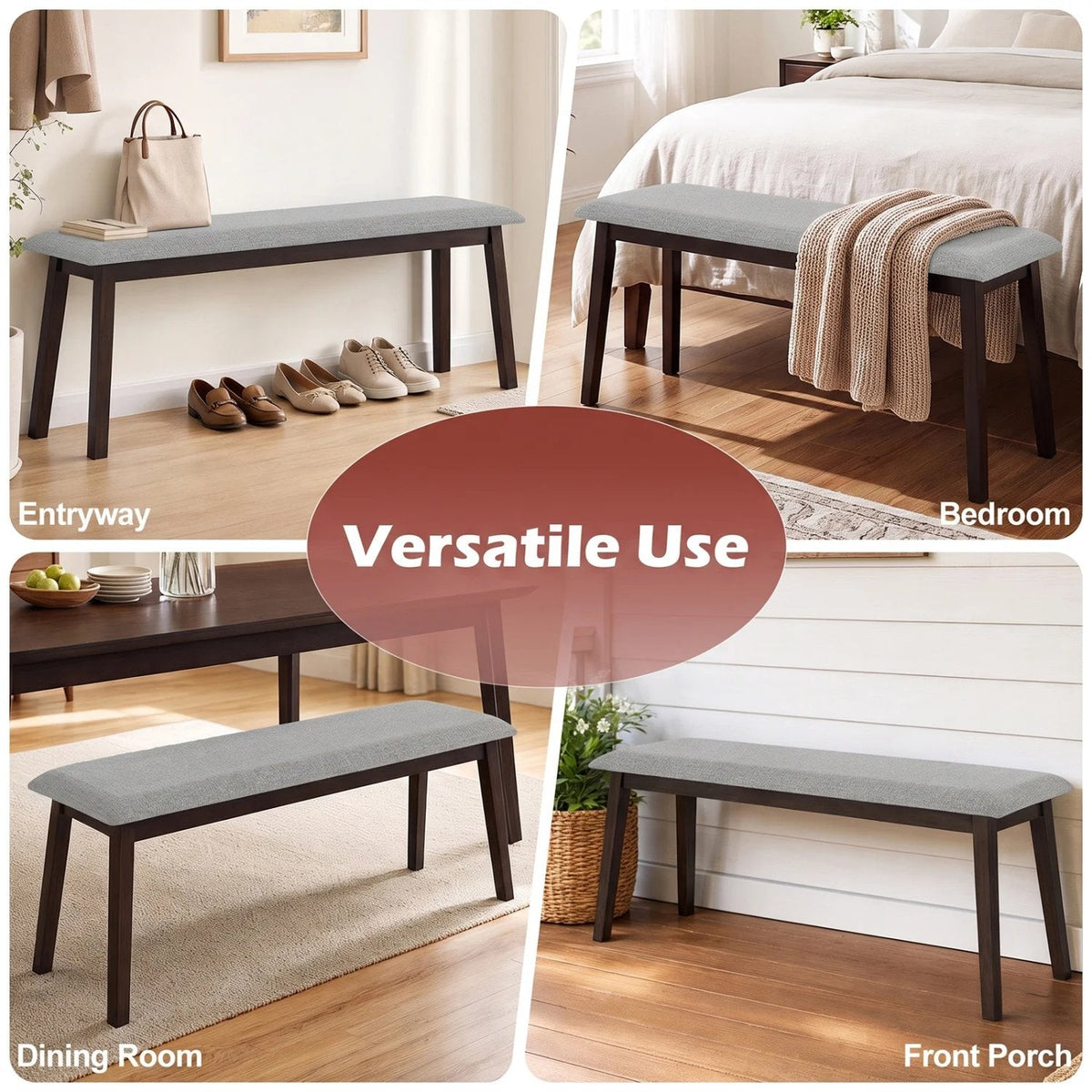 43.5 Inch Upholstered Entryway Bench with Rubber Wood Frame-Gray