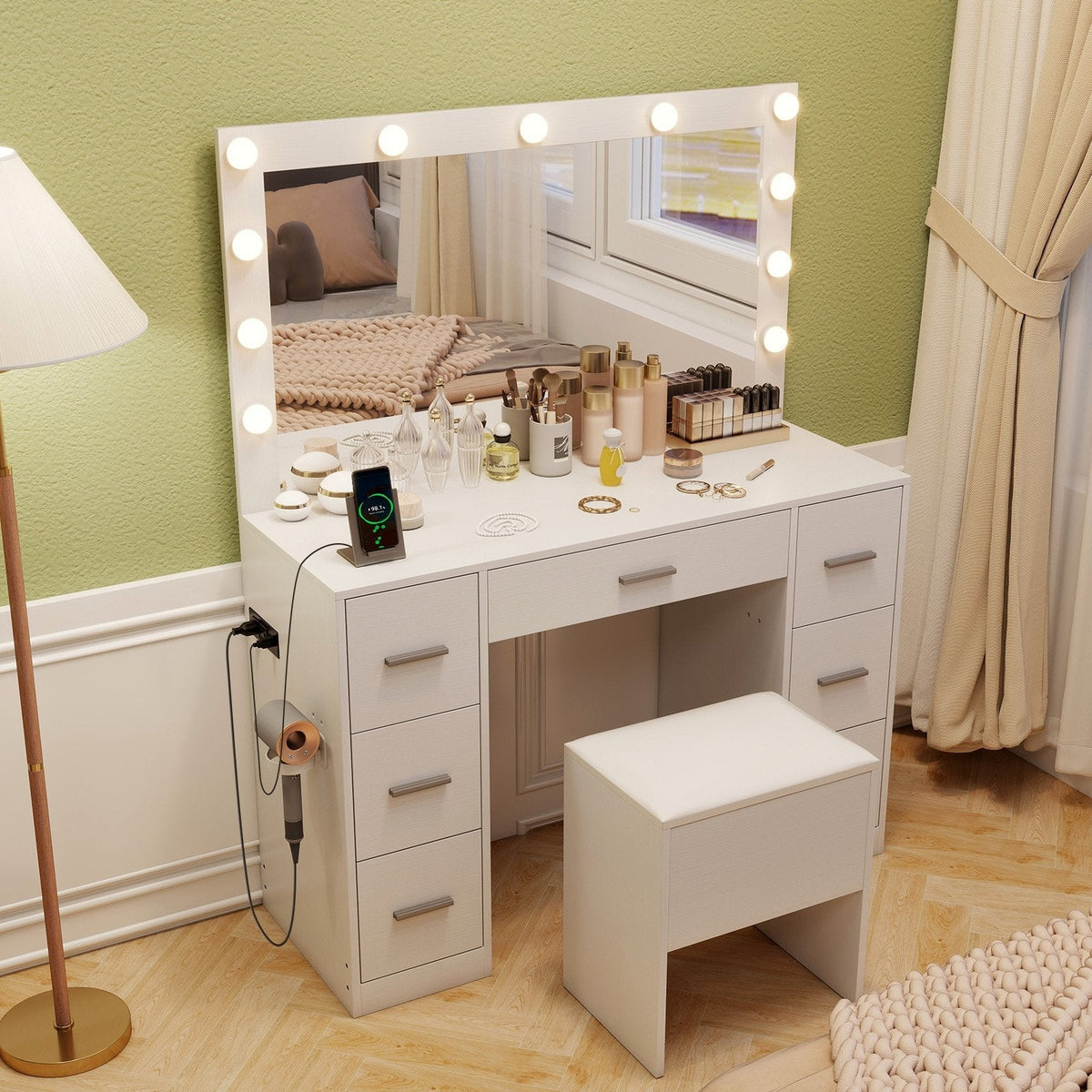 43.5-Inche Vanity Desk with Mirror and Lights for Bedroom-White