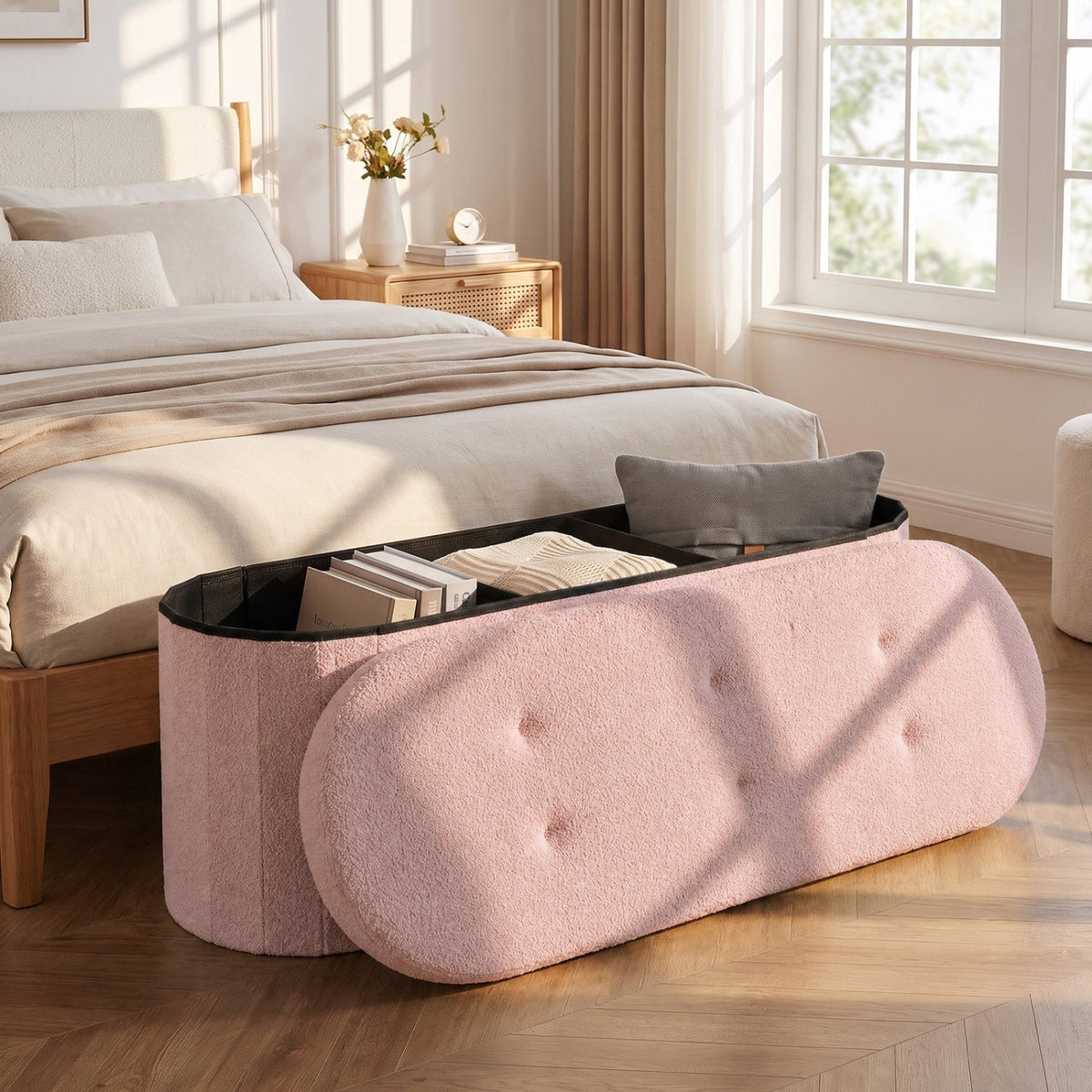 43 inches Folding Teddy Storage Ottoman Bench with Dividers for Living Room and Bedroom-Pink