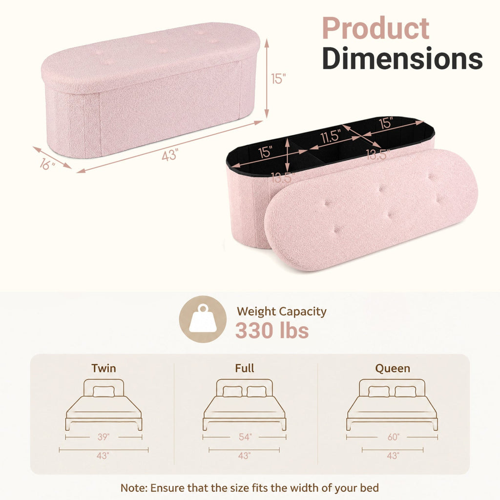 43 inches Folding Teddy Storage Ottoman Bench with Dividers for Living Room and Bedroom-Pink