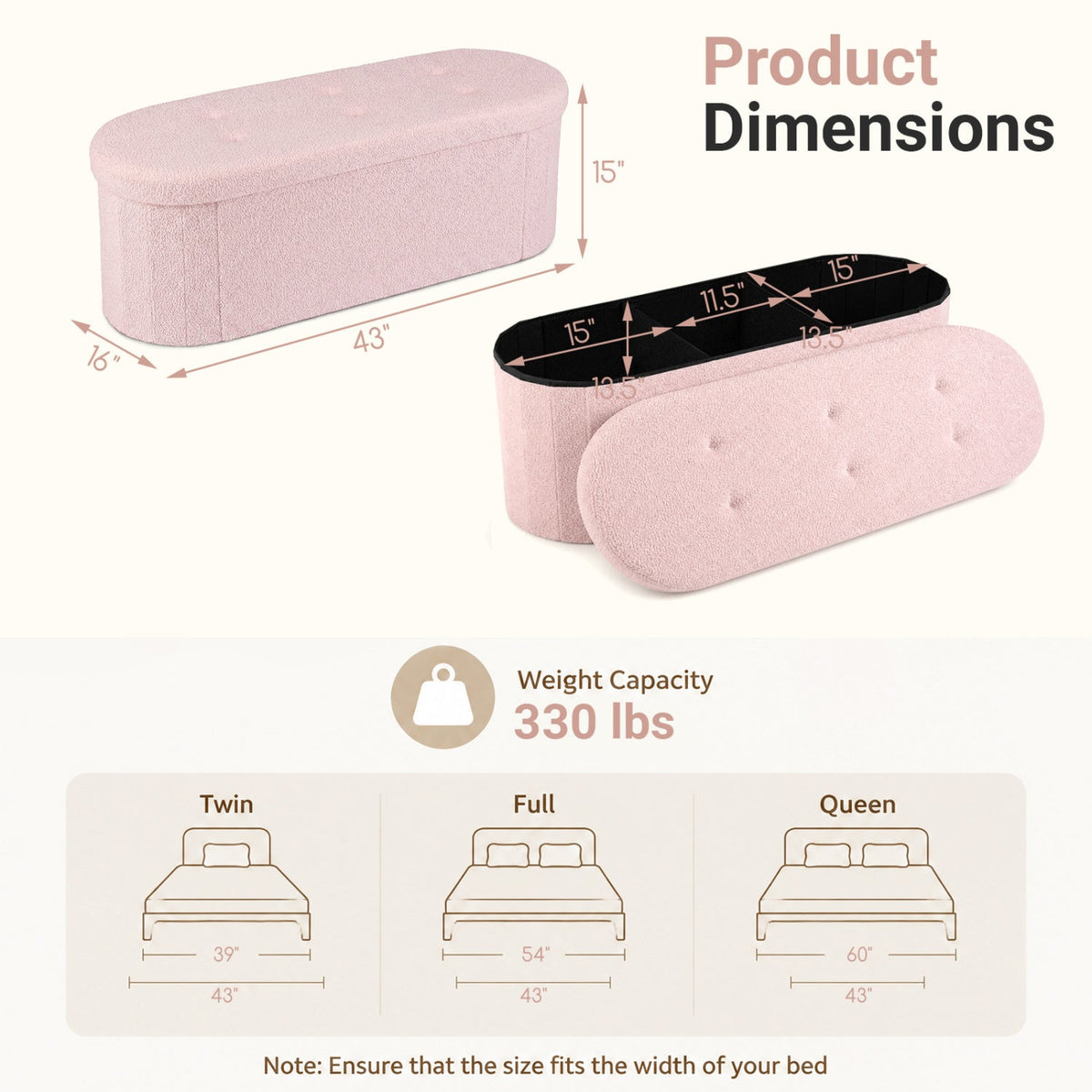 43 inches Folding Teddy Storage Ottoman Bench with Dividers for Living Room and Bedroom-Pink