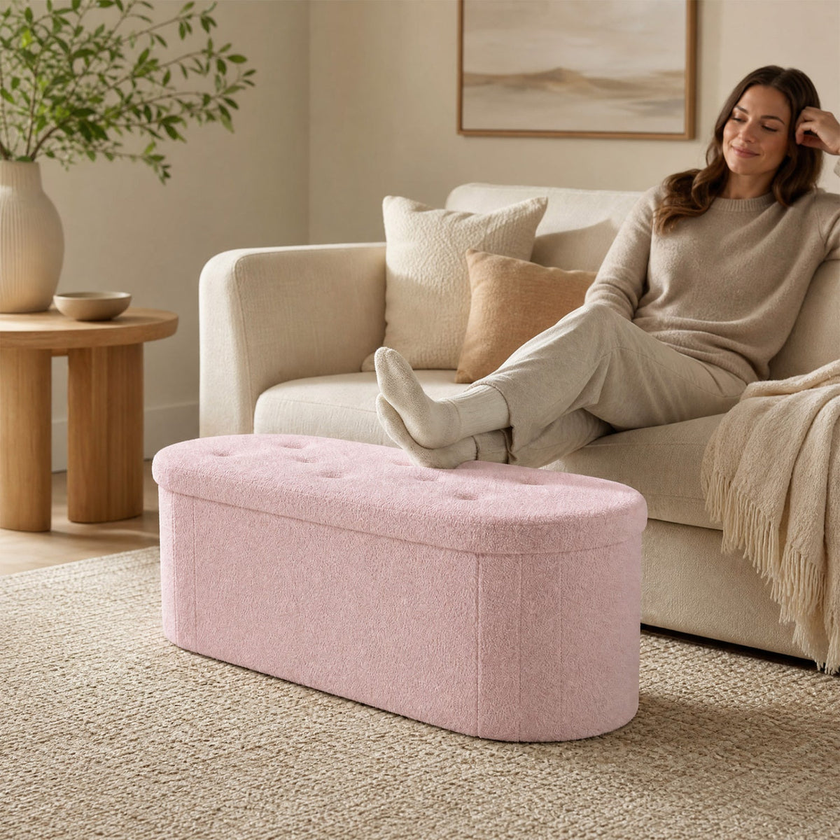 43 inches Folding Teddy Storage Ottoman Bench with Dividers for Living Room and Bedroom-Pink