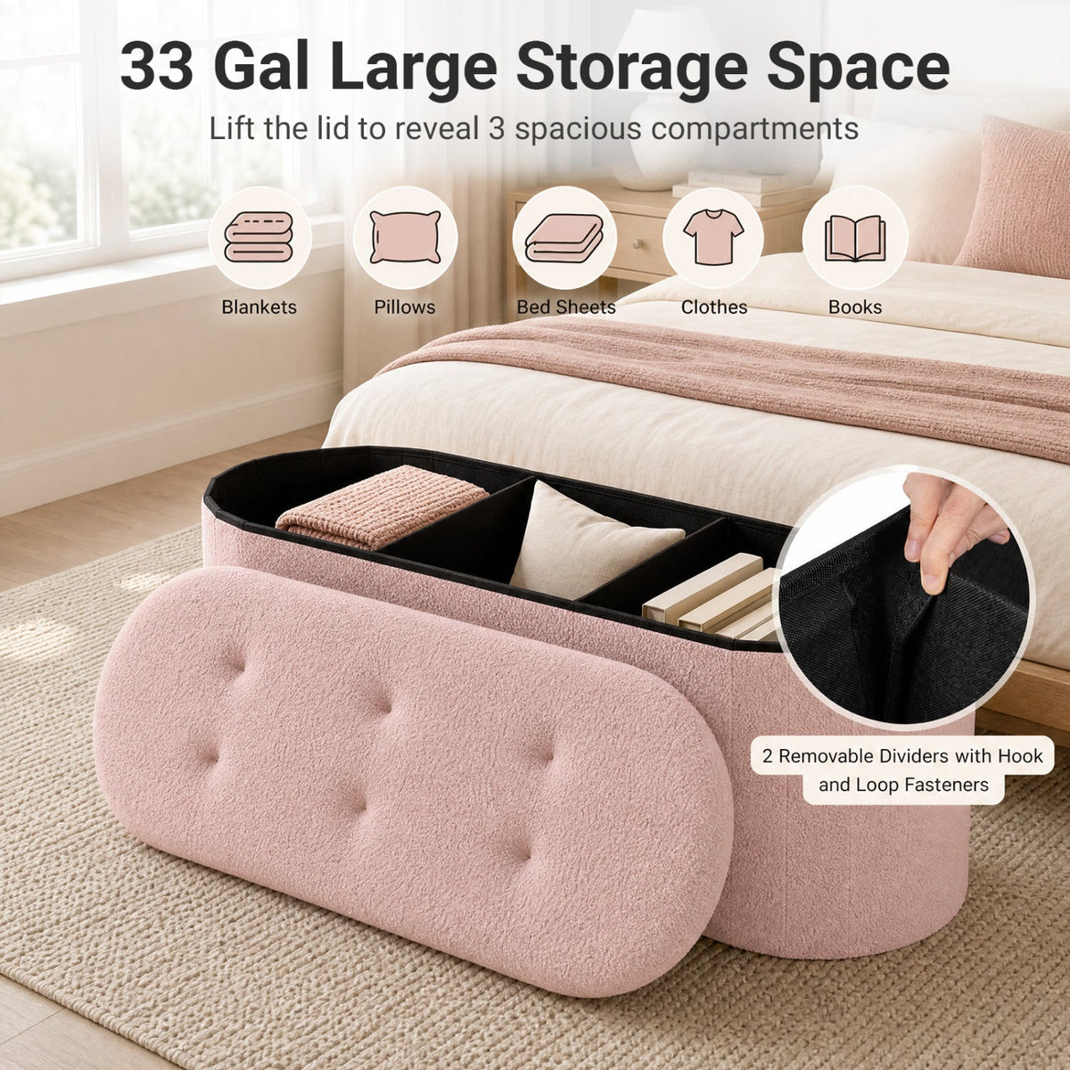 43 inches Folding Teddy Storage Ottoman Bench with Dividers for Living Room and Bedroom-Pink