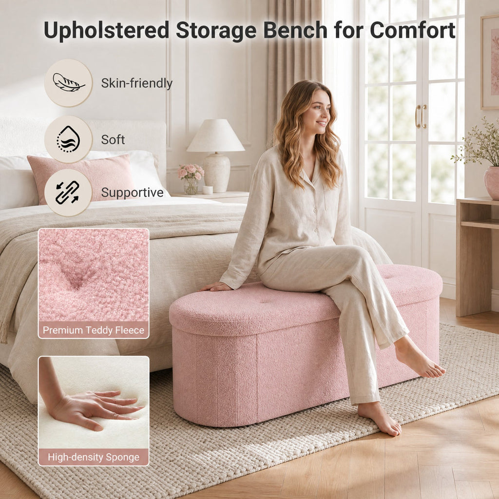 43 inches Folding Teddy Storage Ottoman Bench with Dividers for Living Room and Bedroom-Pink