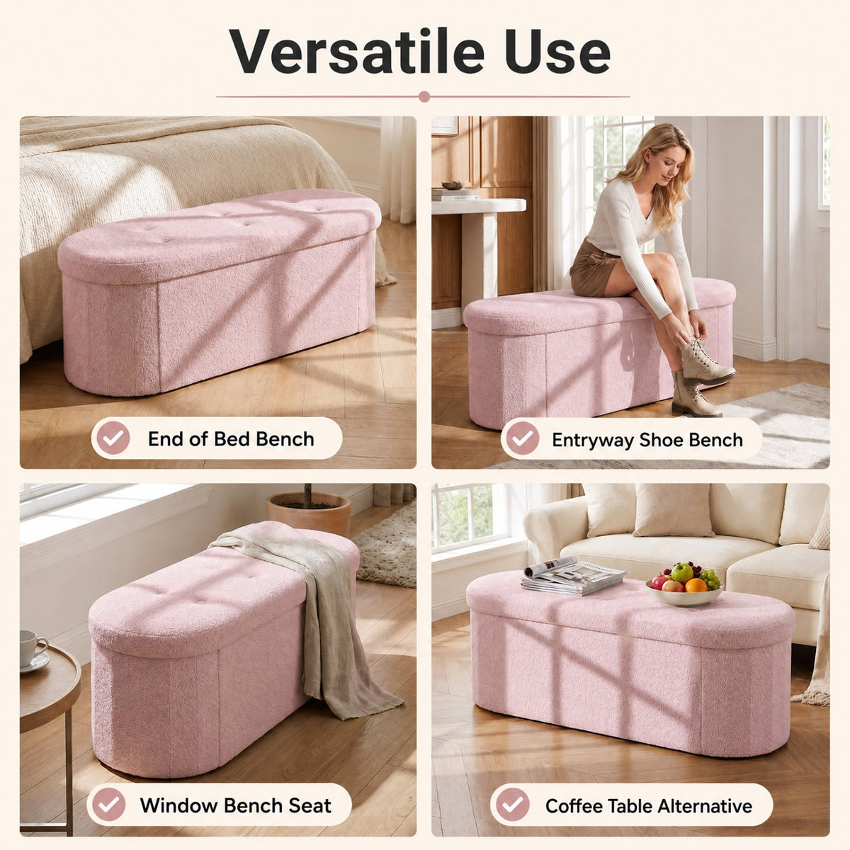 43 inches Folding Teddy Storage Ottoman Bench with Dividers for Living Room and Bedroom-Pink