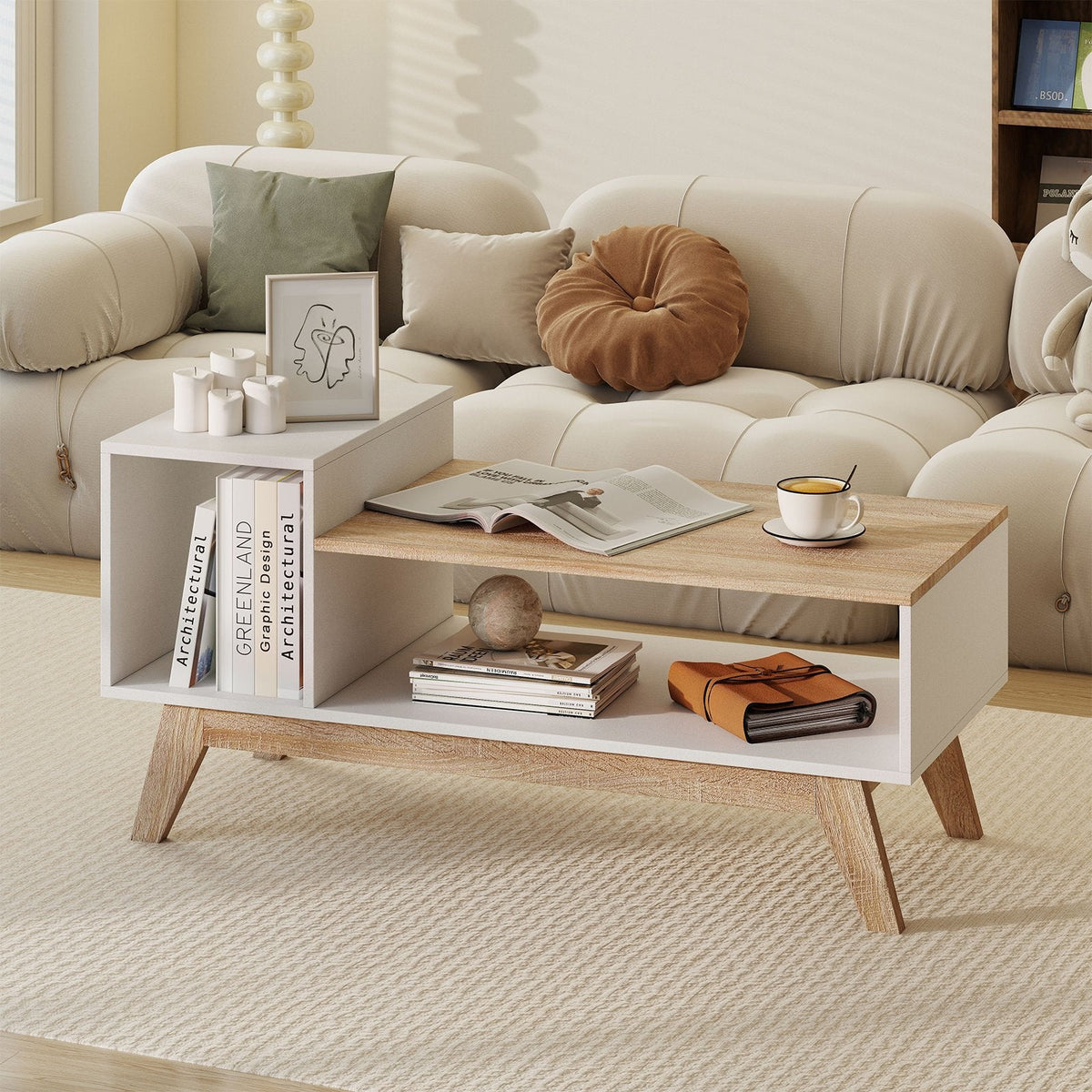 43 Inch Coffee Table with Stepped Tabletop and Storage Compartments-White