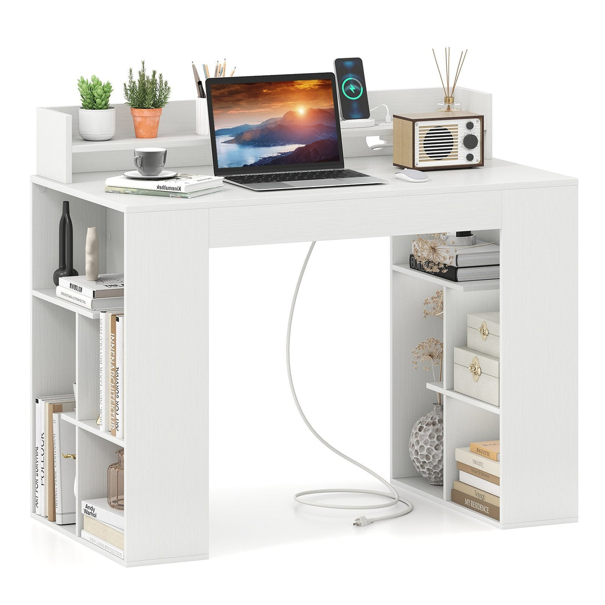 43 Inch Computer Desk with Power Outlets and 2 Bookcases-White