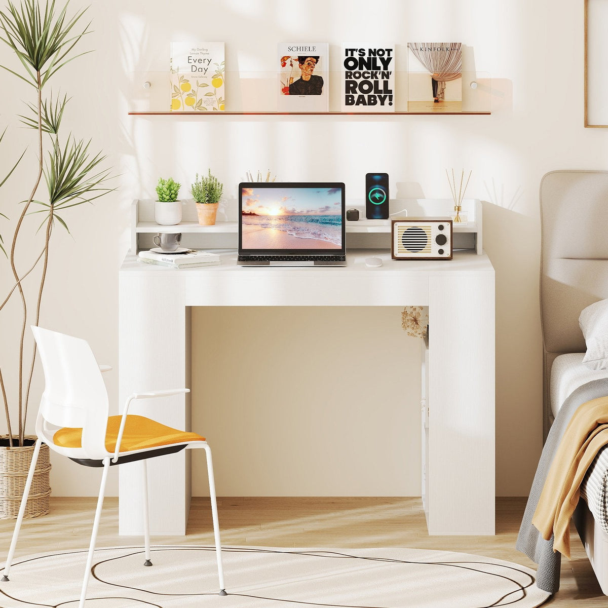 43 Inch Computer Desk with Power Outlets and 2 Bookcases-White