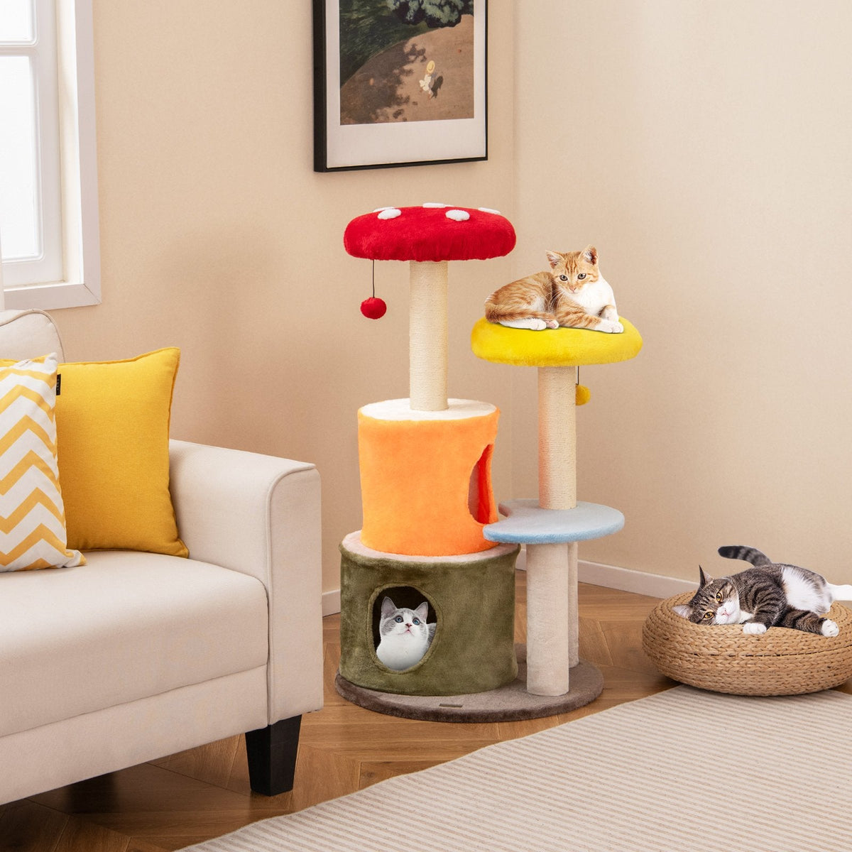 43 Inch Mushroom Cat Tree with 2 Condos, Padded Caps and Fully Wrapped Sisal Posts, Multicolour
