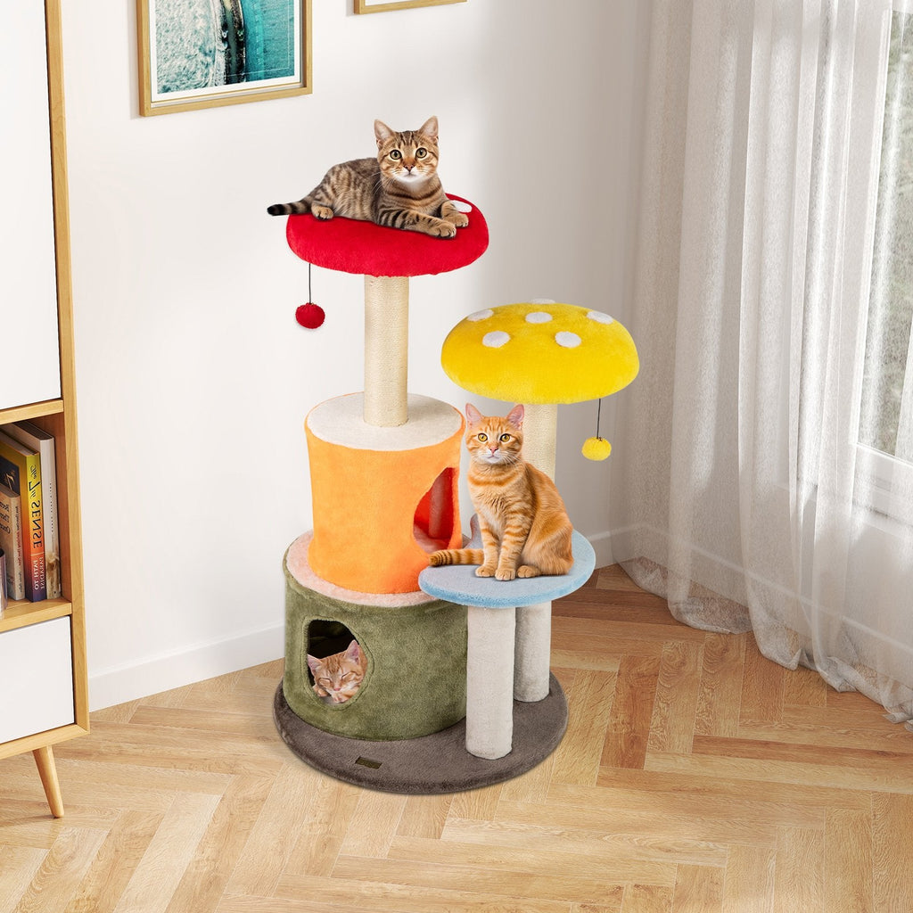 43 Inch Mushroom Cat Tree with 2 Condos, Padded Caps and Fully Wrapped Sisal Posts, Multicolour