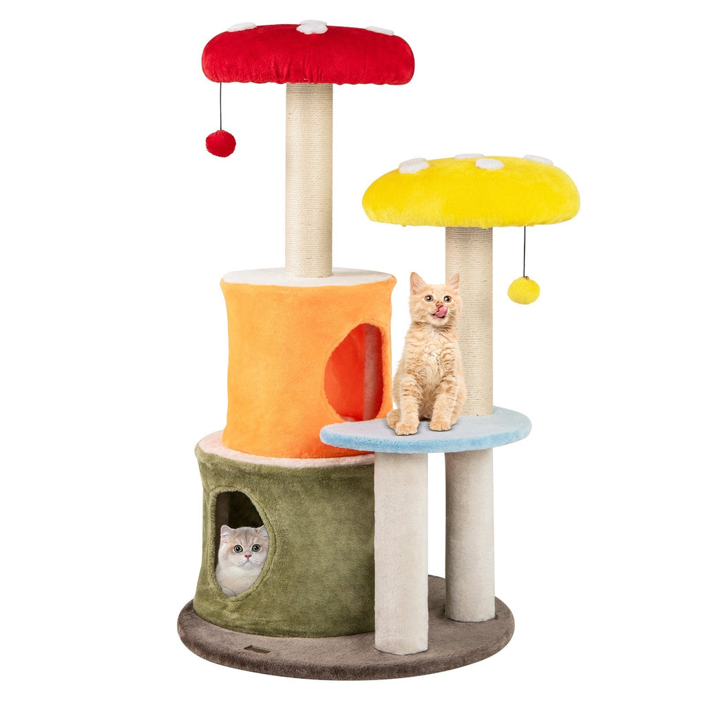 43 Inch Mushroom Cat Tree with 2 Condos, Padded Caps and Fully Wrapped Sisal Posts, Multicolour