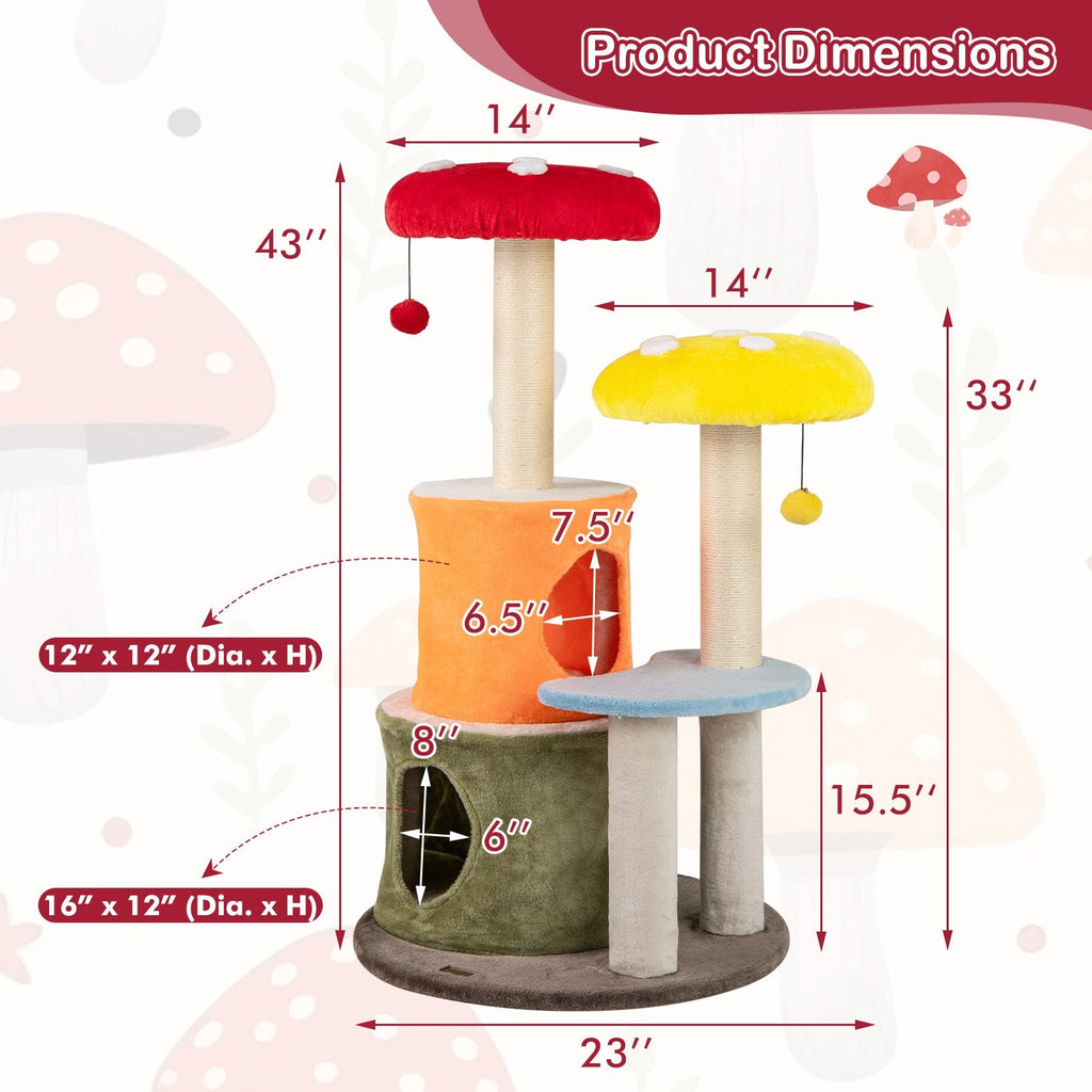 43 Inch Mushroom Cat Tree with 2 Condos, Padded Caps and Fully Wrapped Sisal Posts, Multicolour