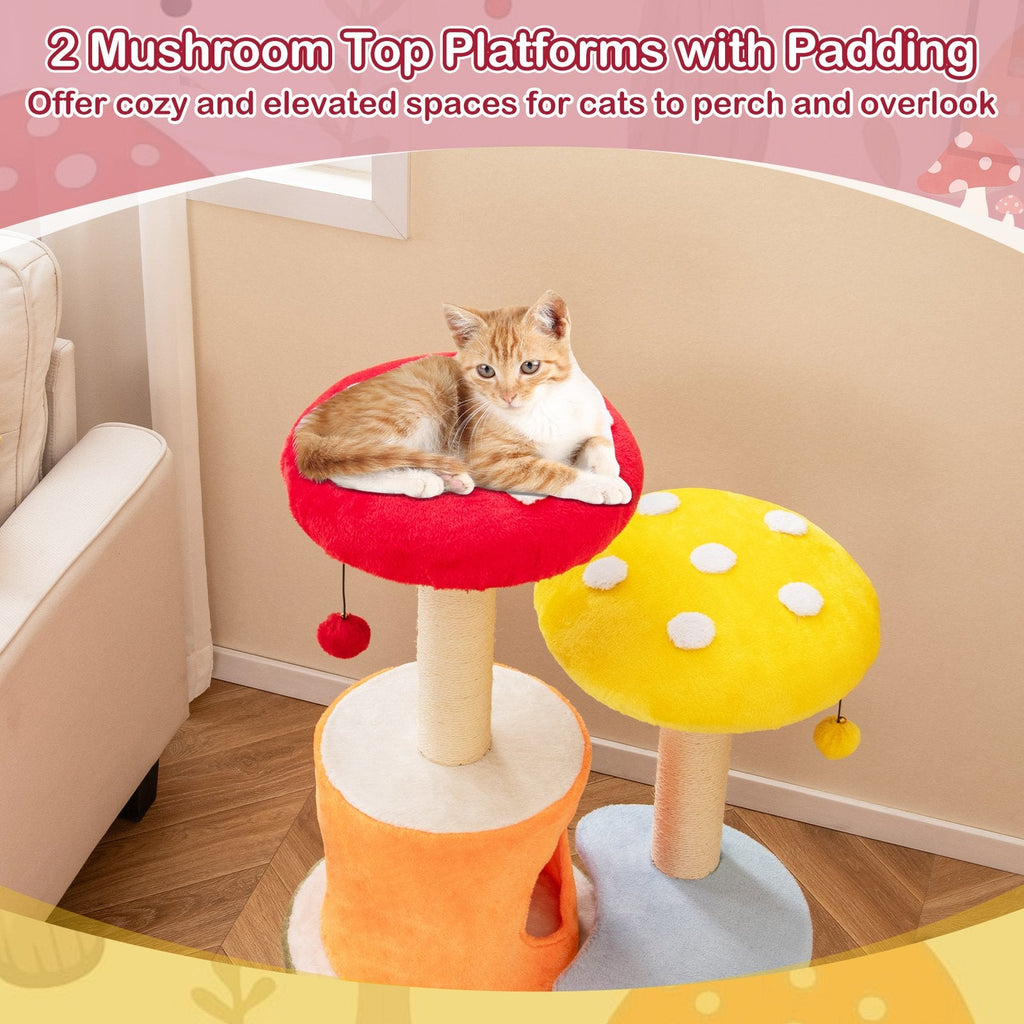 43 Inch Mushroom Cat Tree with 2 Condos, Padded Caps and Fully Wrapped Sisal Posts, Multicolour
