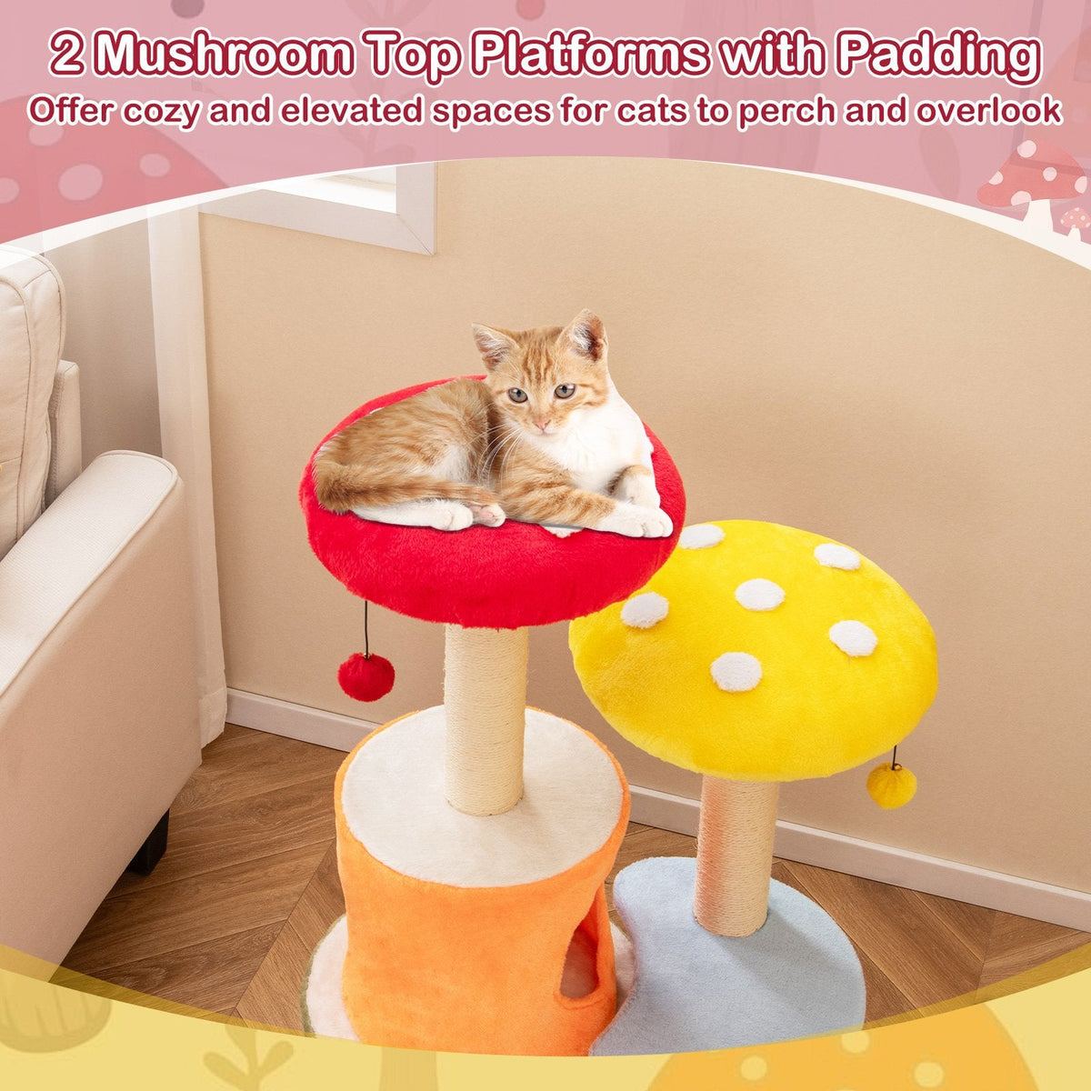 43 Inch Mushroom Cat Tree with 2 Condos, Padded Caps and Fully Wrapped Sisal Posts, Multicolour