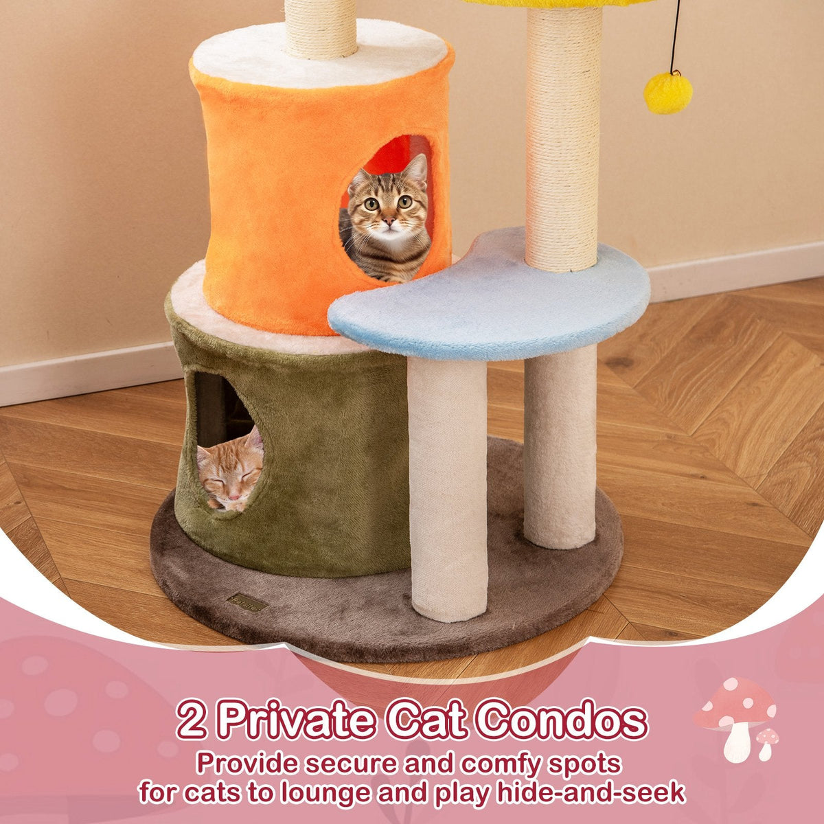 43 Inch Mushroom Cat Tree with 2 Condos, Padded Caps and Fully Wrapped Sisal Posts, Multicolour