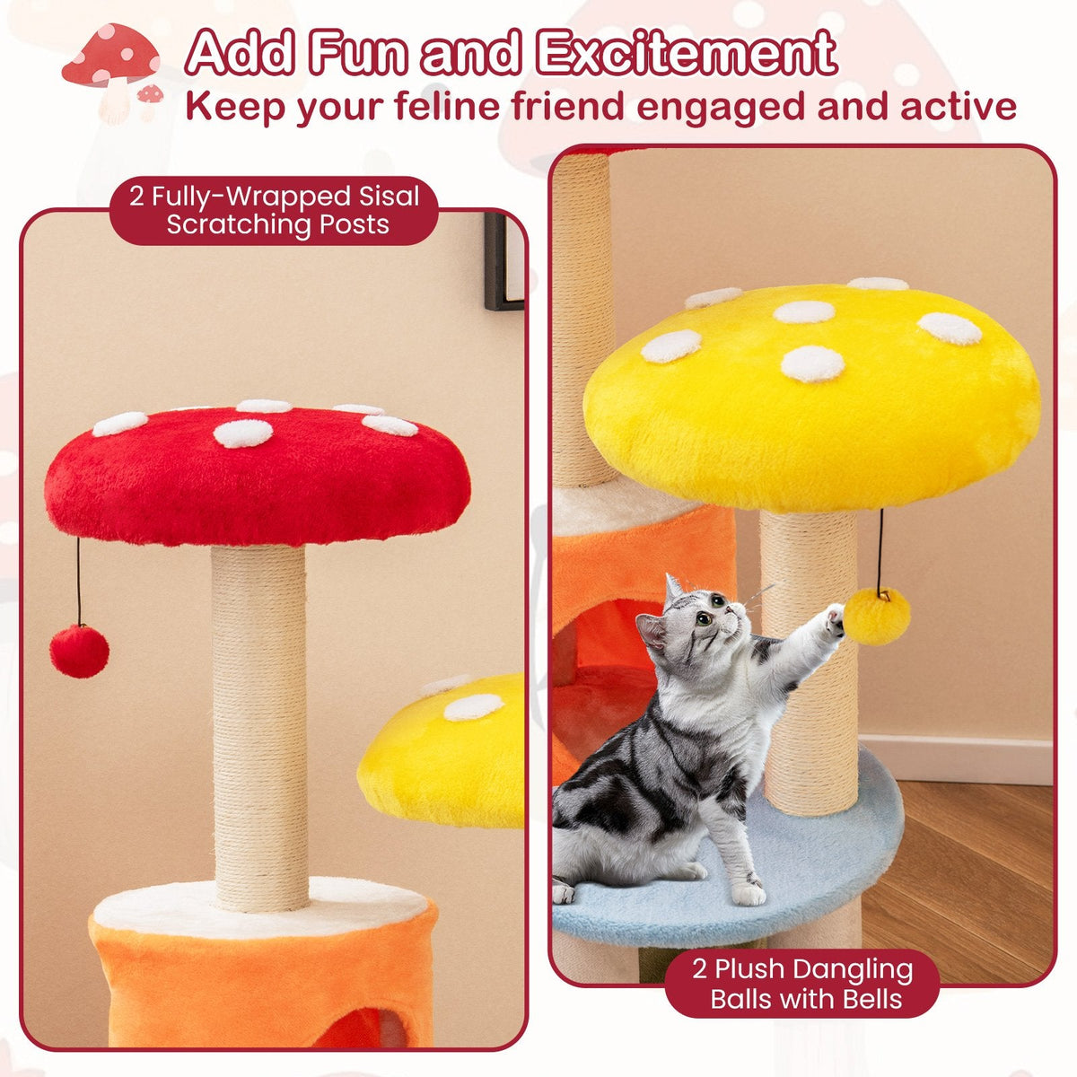 43 Inch Mushroom Cat Tree with 2 Condos, Padded Caps and Fully Wrapped Sisal Posts, Multicolour