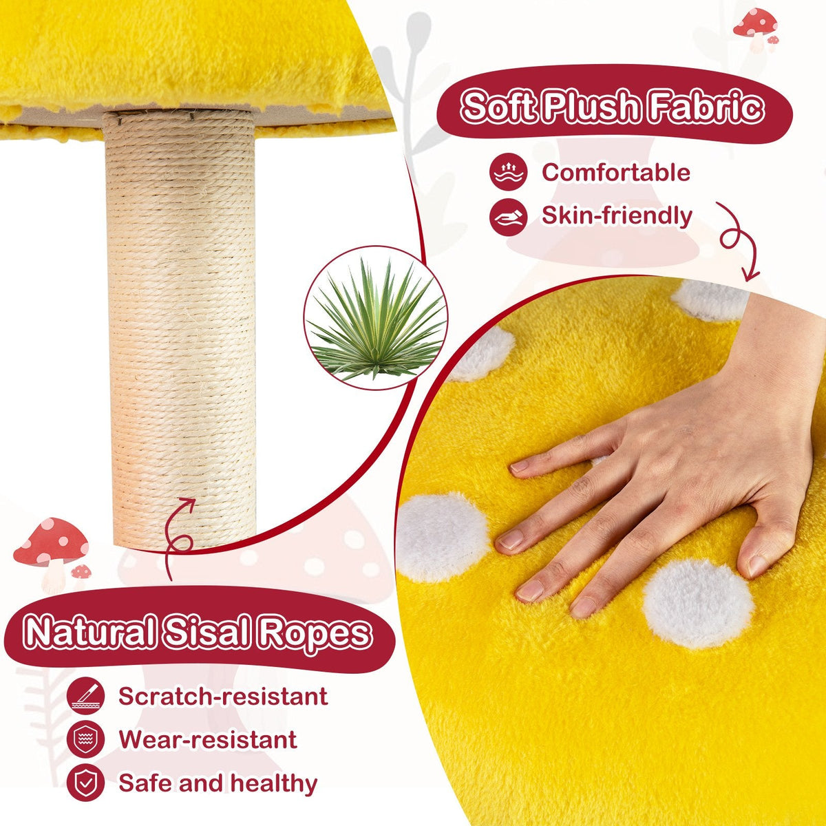 43 Inch Mushroom Cat Tree with 2 Condos, Padded Caps and Fully Wrapped Sisal Posts, Multicolour