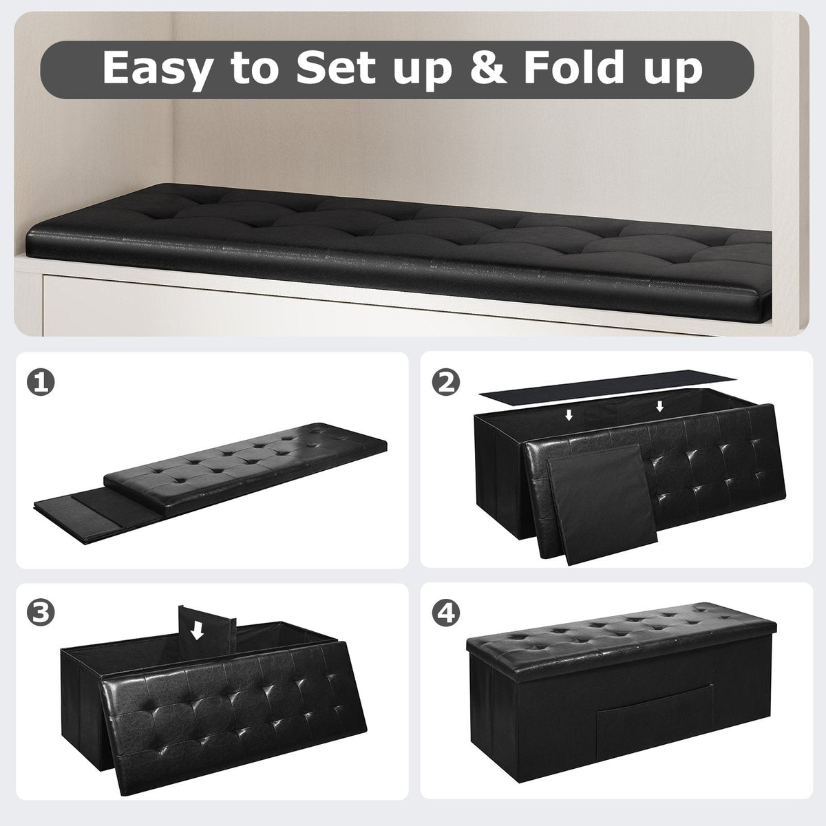 43 Inches Folding Storage Ottoman Bench Foot Rest Stool End of Bed Bench-Black