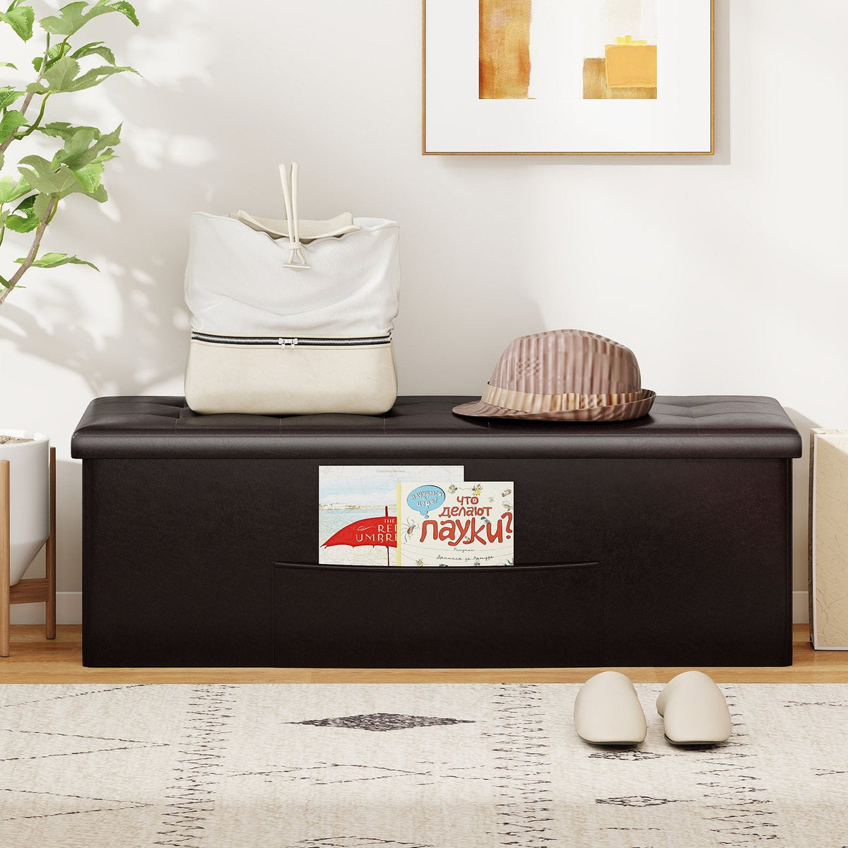 43 Inches Folding Storage Ottoman Bench Foot Rest Stool End of Bed Bench-Brown