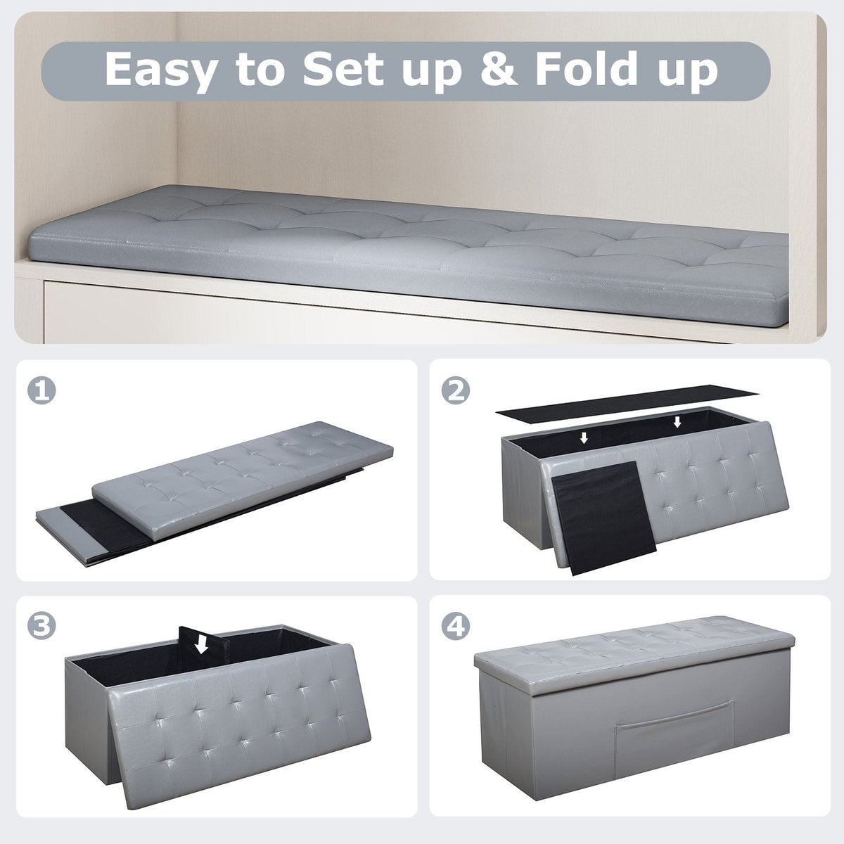 43 Inches Folding Storage Ottoman Bench Foot Rest Stool End of Bed Bench-Gray