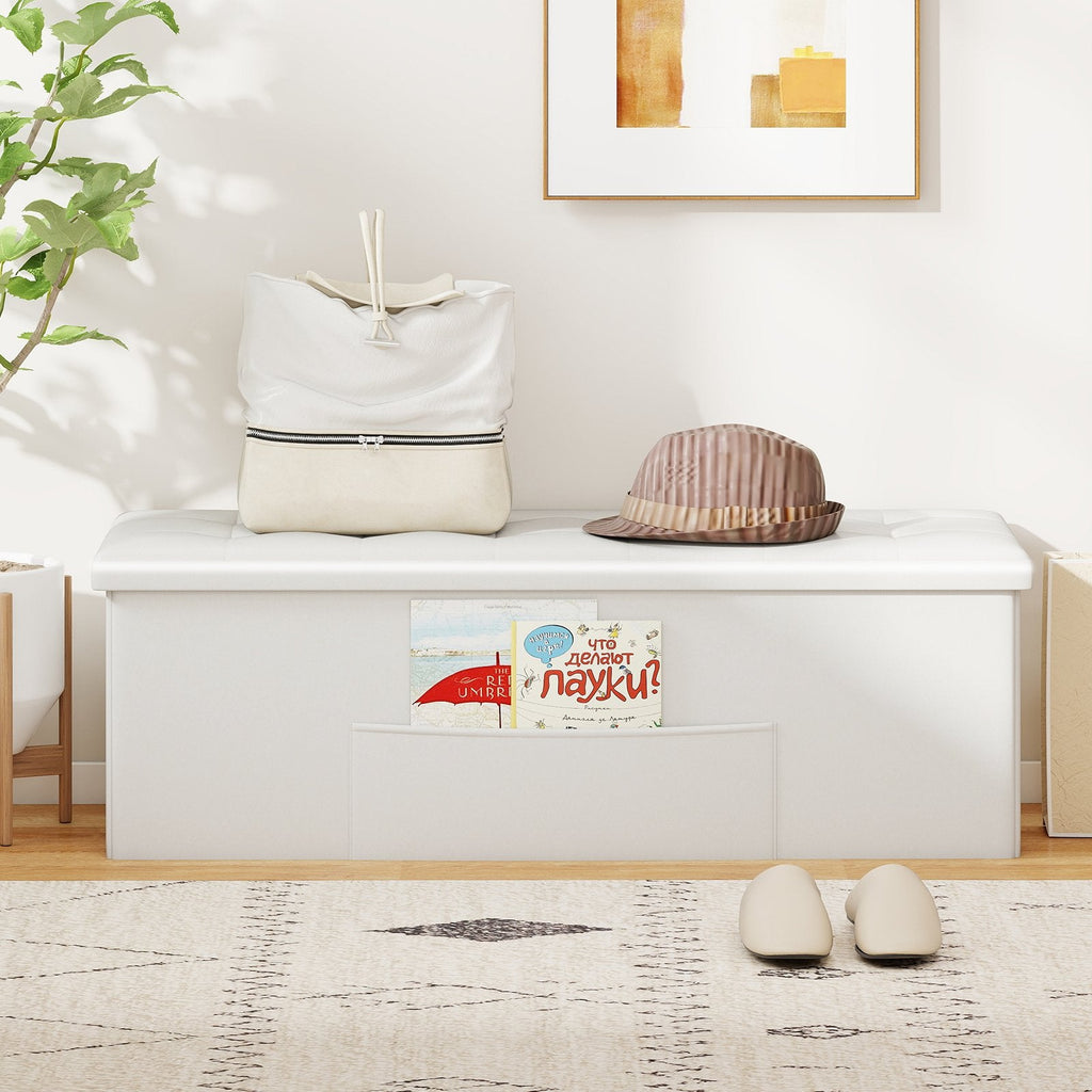 43 Inches Folding Storage Ottoman Bench Foot Rest Stool End of Bed Bench-White