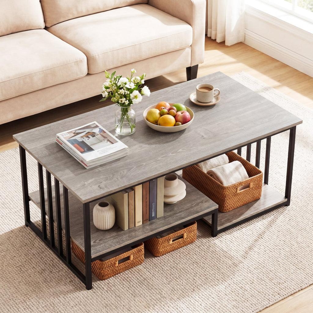 43.5 inches Coffee Table 2-Tier with Open Storage Shelf-Oak